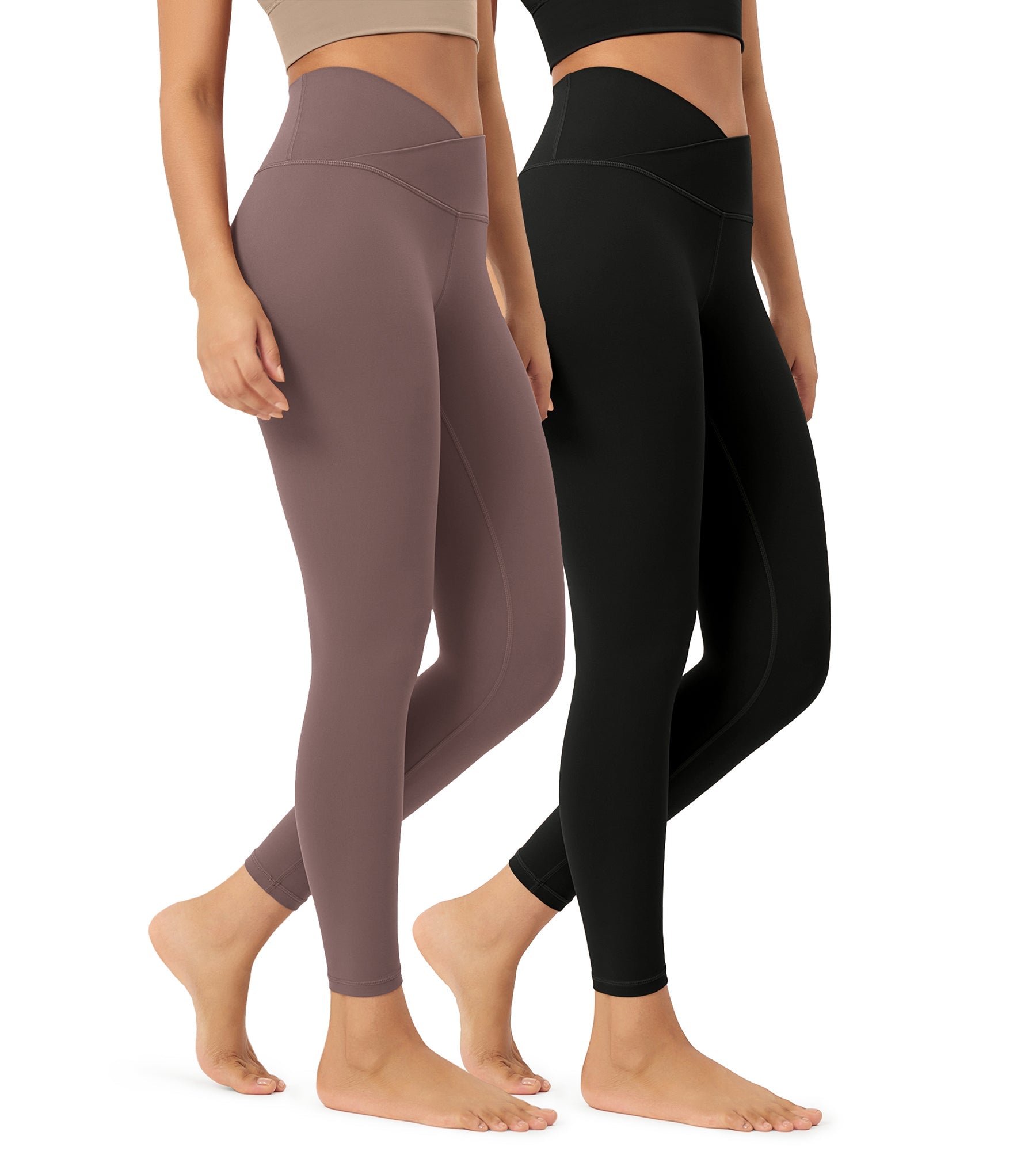 2 Pack 25 Buttery Soft Crossover Lounge Yoga Waist Leggings Black+Purple Taupe - ododos