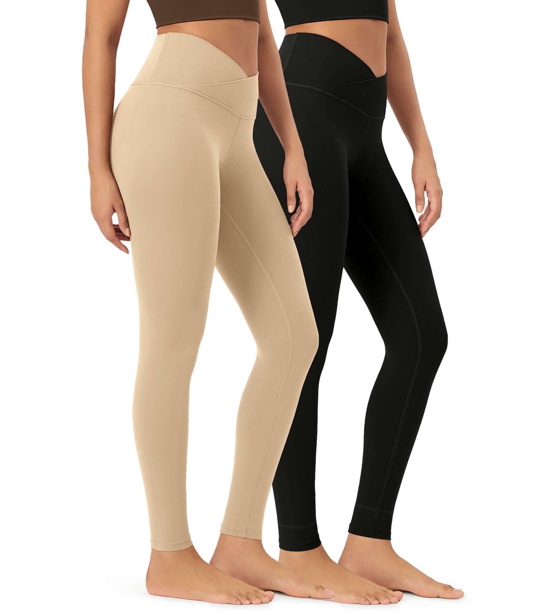 2 Pack 28" Odcloud Buttery Soft Cross Waist Yoga Leggings Black+Beige - ododos