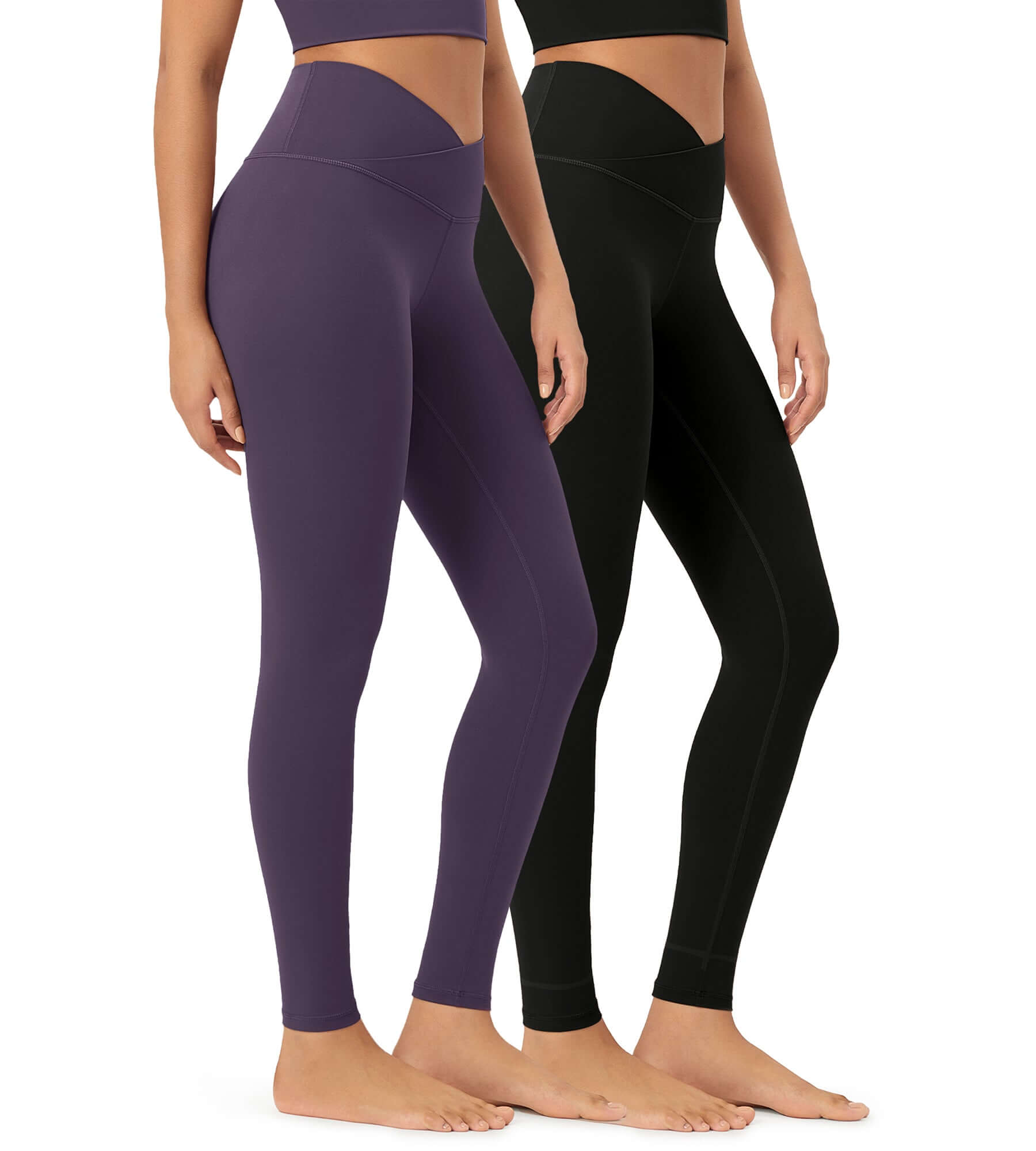 2 Pack 28" Odcloud Buttery Soft Cross Waist Yoga Leggings Black+Dark Purple - ododos