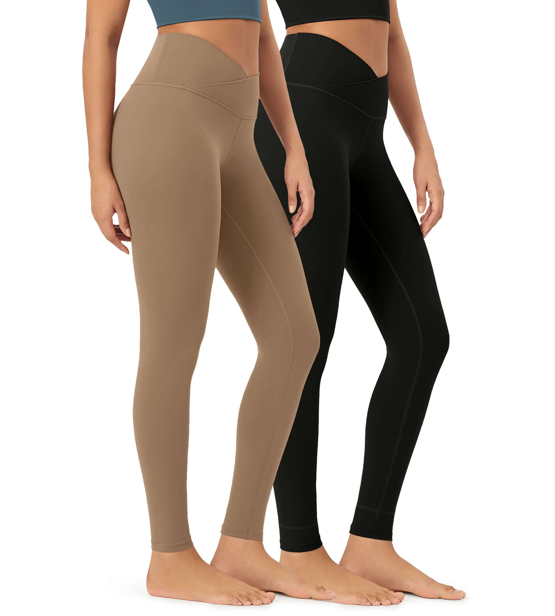 2 Pack 28" Odcloud Buttery Soft Cross Waist Yoga Leggings Black+light Brown - ododos