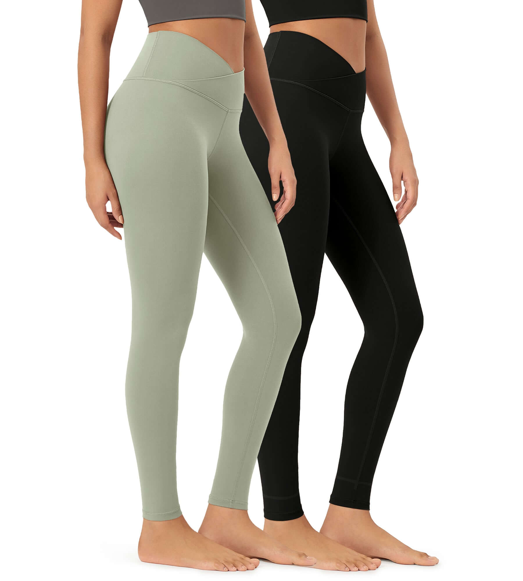 2 Pack 28" Odcloud Buttery Soft Cross Waist Yoga Leggings Black+lime Stone - ododos