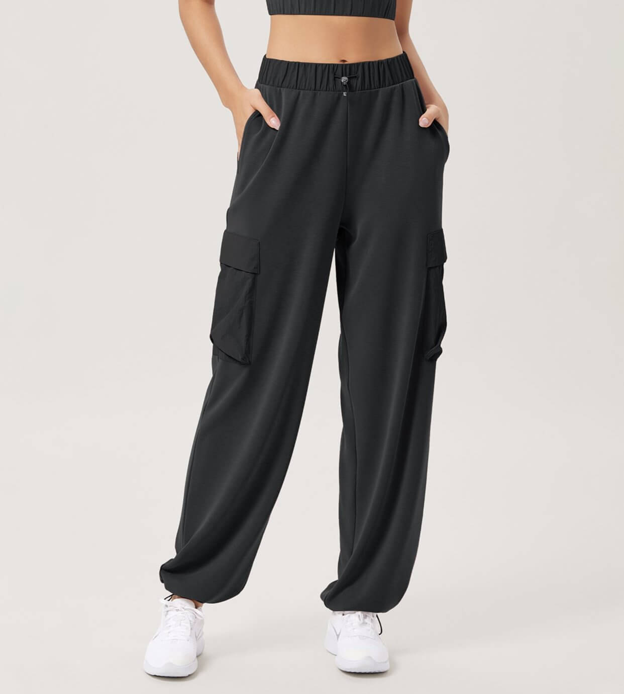 Wide Leg Cargo Adjustable Shockcord Loose Jogger Pants with Pockets Black - ododos