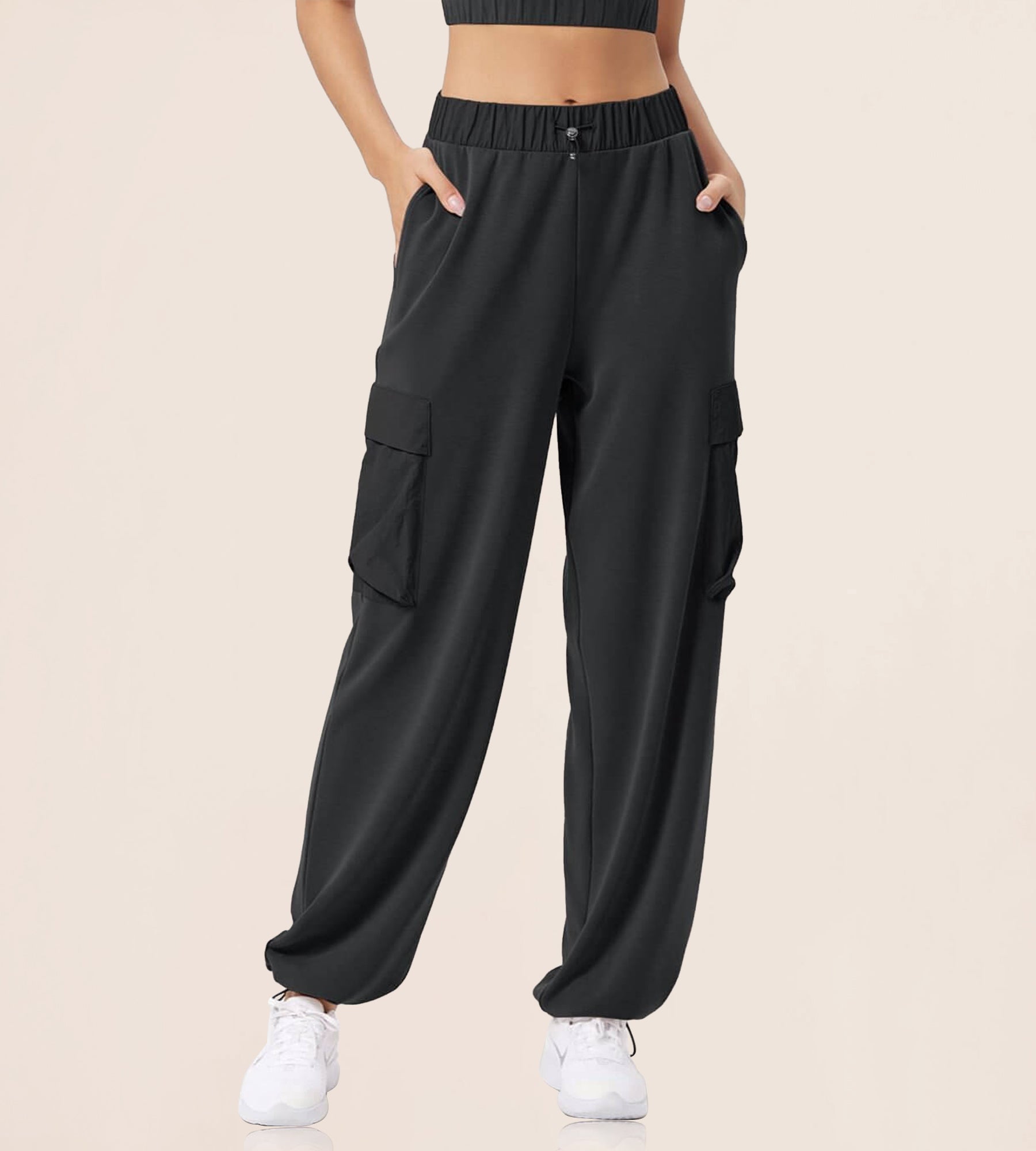 Wide Leg Cargo Adjustable Shockcord Loose Jogger Pants with Pockets - ododos