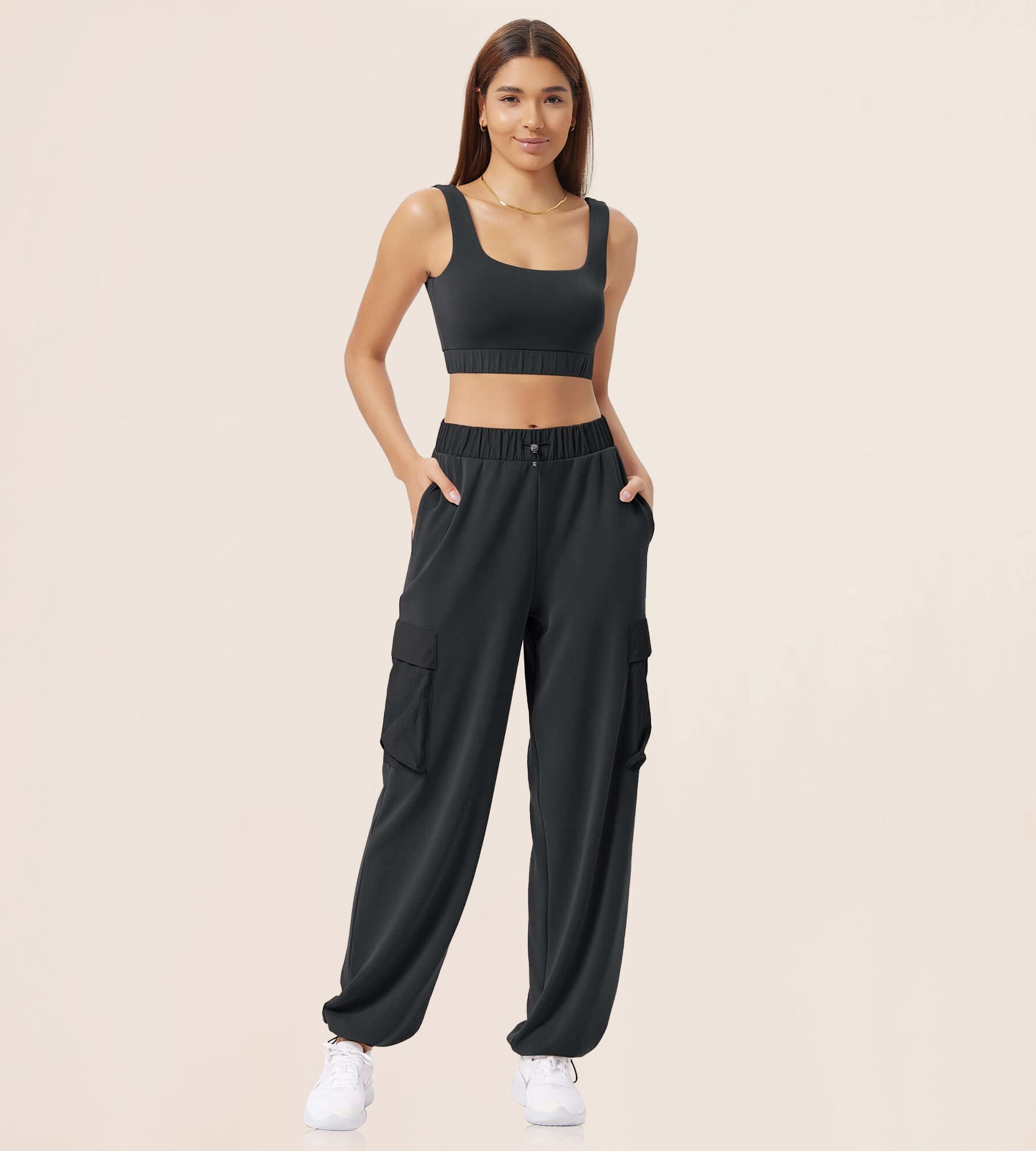 Wide Leg Cargo Adjustable Shockcord Loose Jogger Pants with Pockets Black - ododos