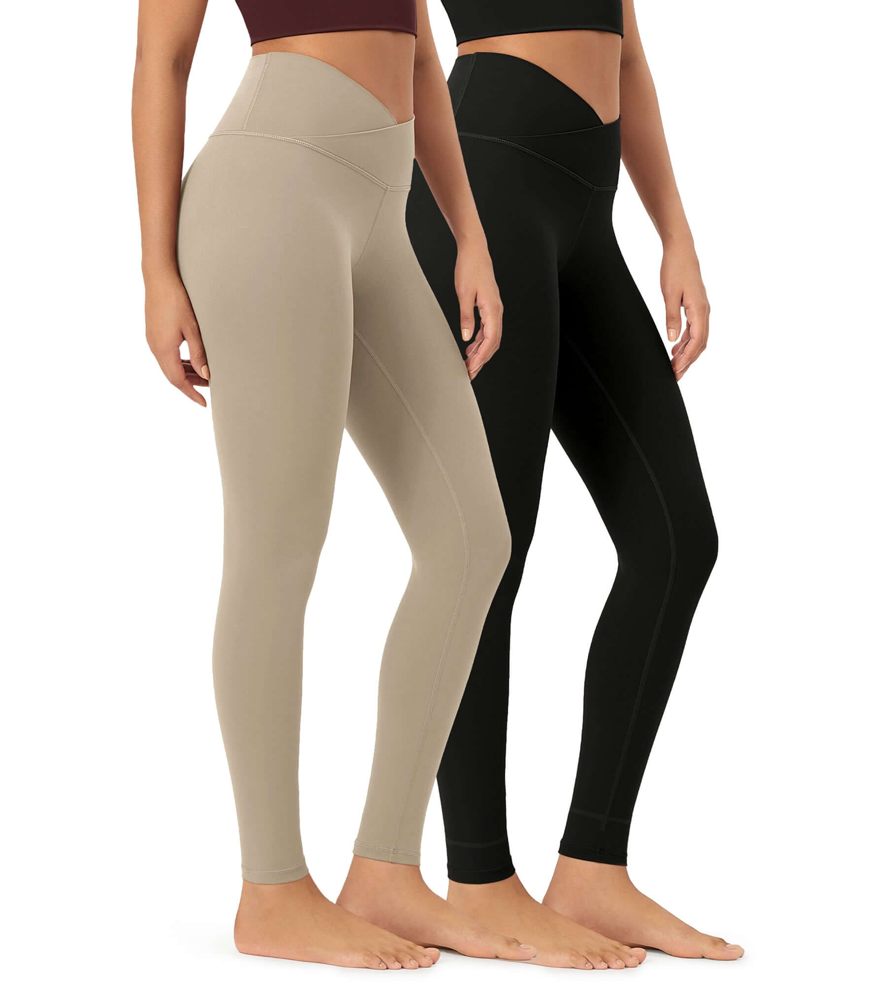 2 Pack 28" Odcloud Buttery Soft Cross Waist Yoga Leggings Black+shaker Beige - ododos