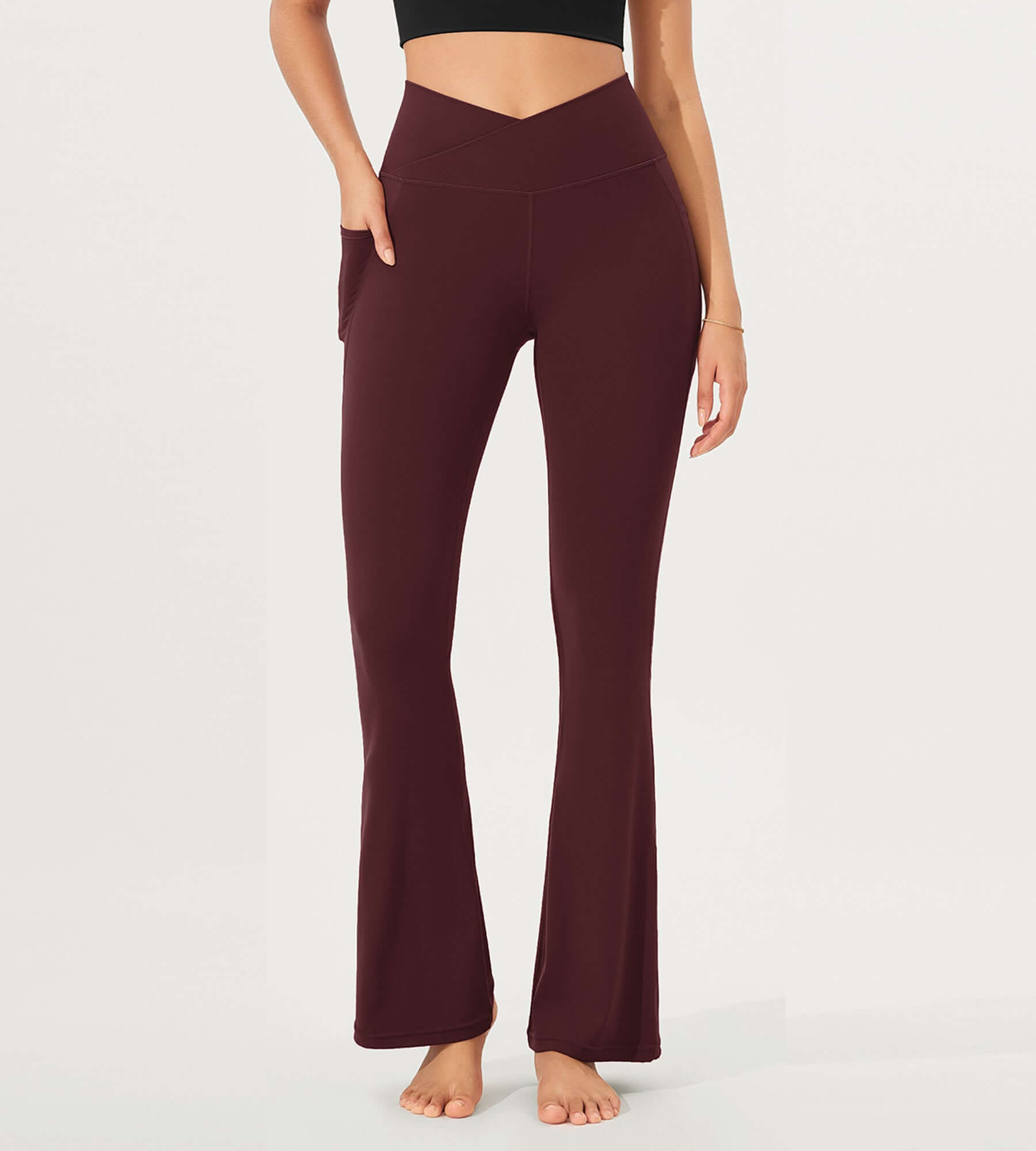 32 Cloud Feeling Bootcut Lounge Yoga Pants with Pockets Burgundy - ododos