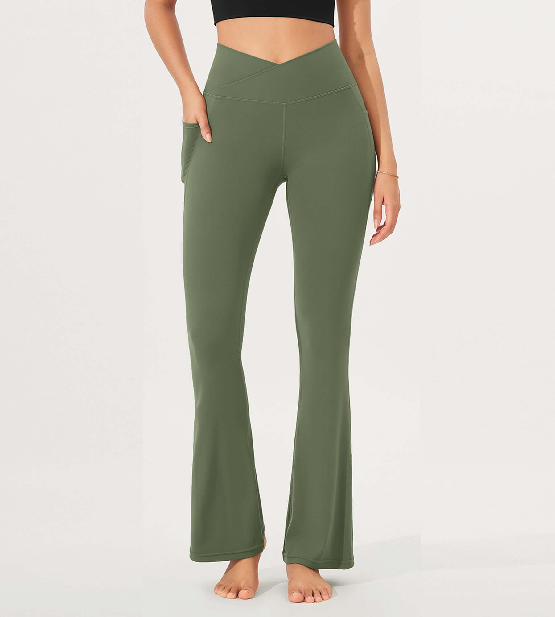 32 Cloud Feeling Bootcut Lounge Yoga Pants with Pockets Dark Olive - ododos