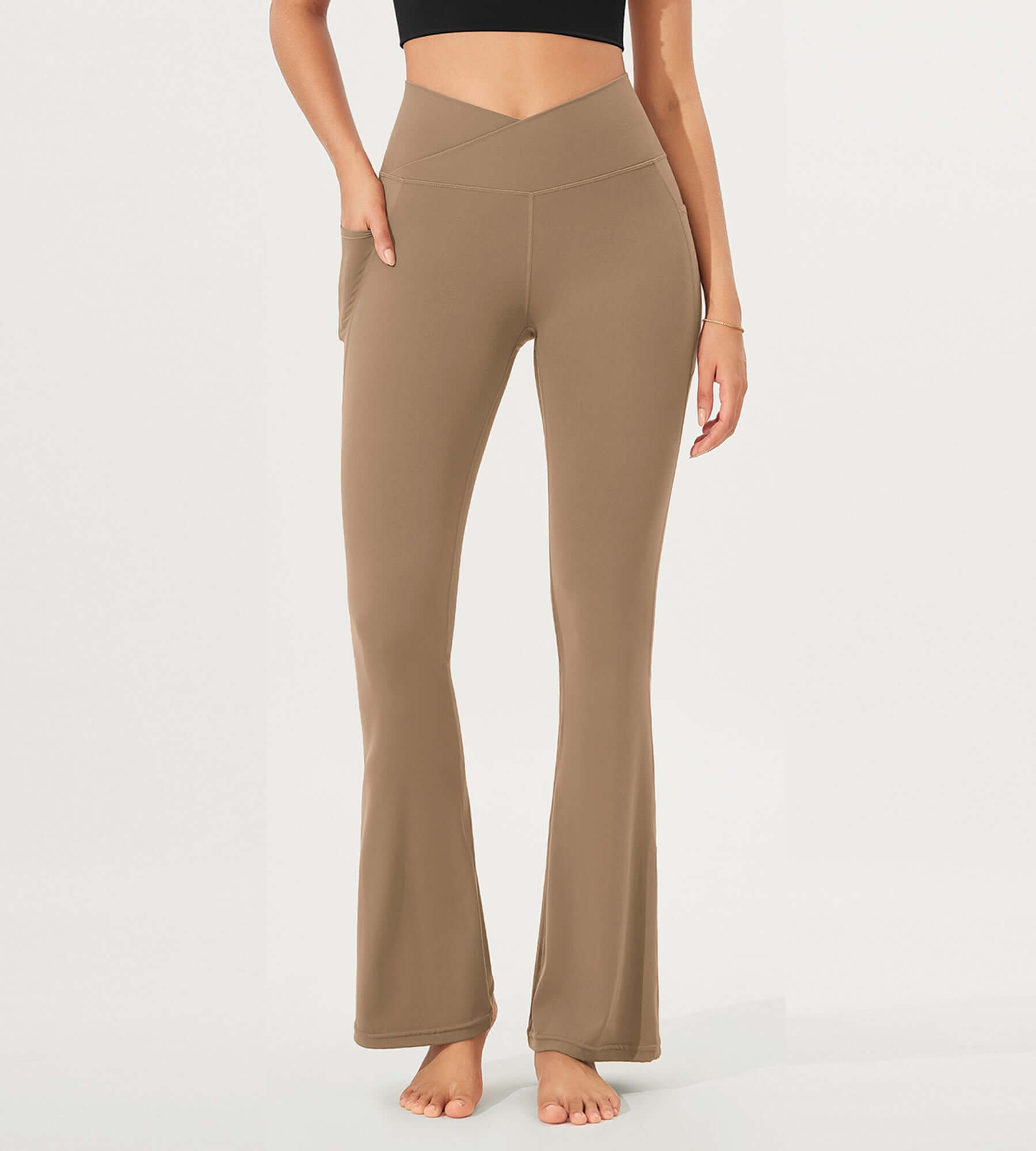 32 Cloud Feeling Bootcut Lounge Yoga Pants with Pockets Light Brown - ododos