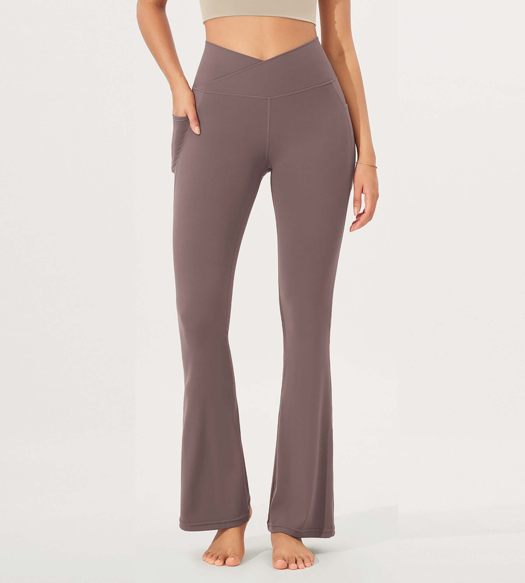 32 Cloud Feeling Bootcut Lounge Yoga Pants with Pockets Purple Taupe - ododos