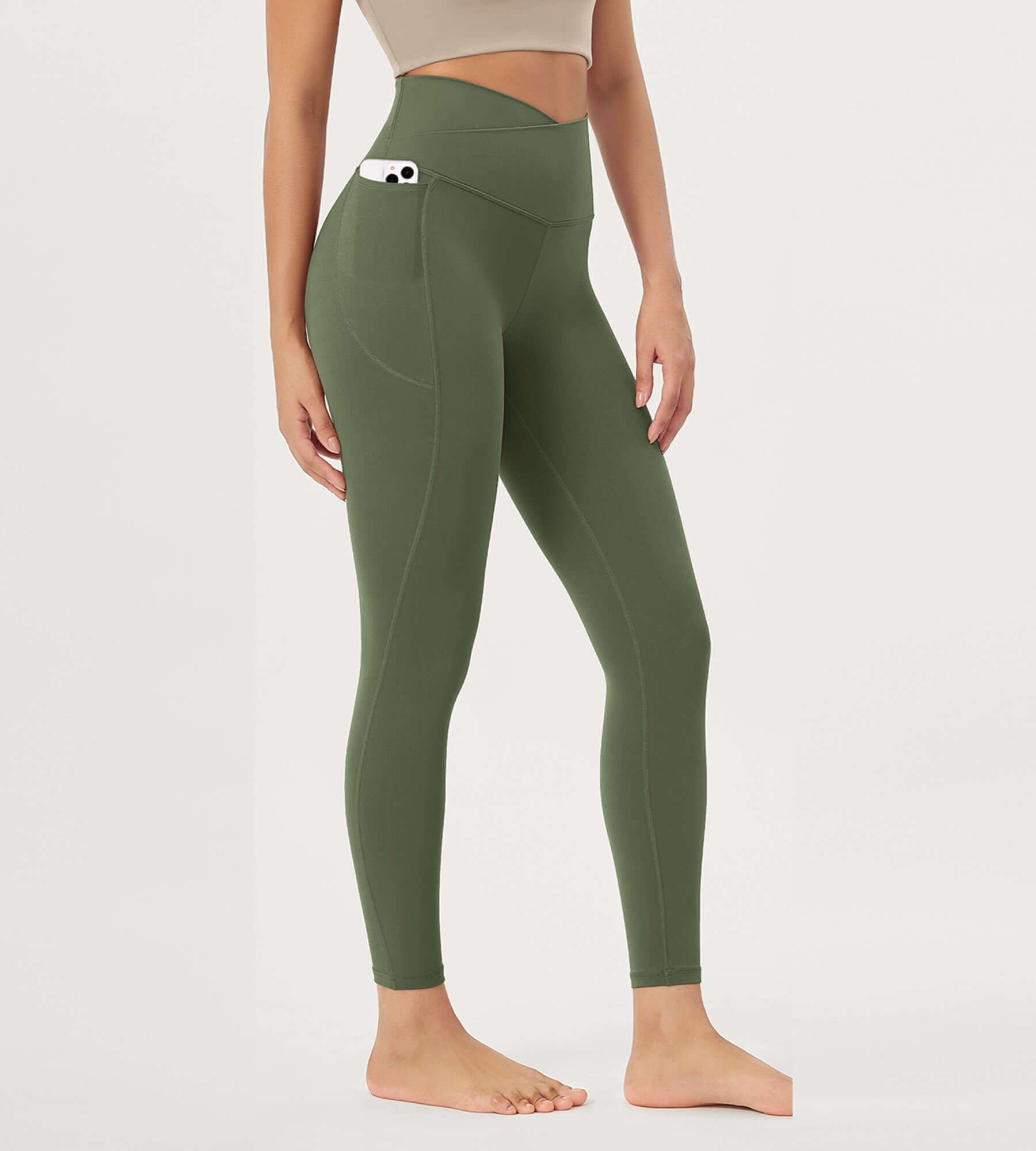 25"/28" Crossover 7/8 V High Wasit Lounge Leggings with Pockets 25" Inseam Dark Olive - ododos