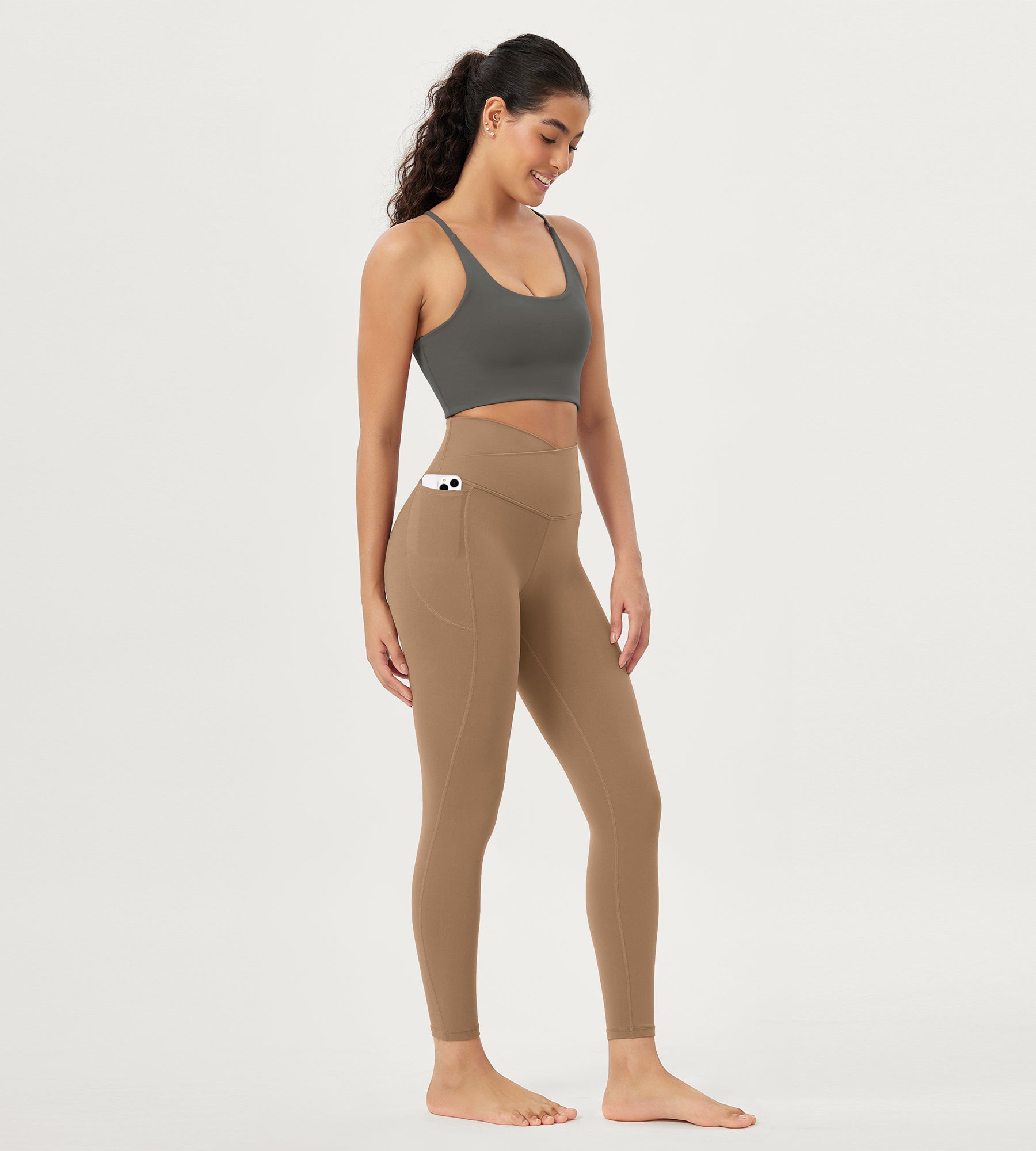 25 Crossover 7/8 V High Wasit Lounge Leggings with Pockets Light Brown - ododos