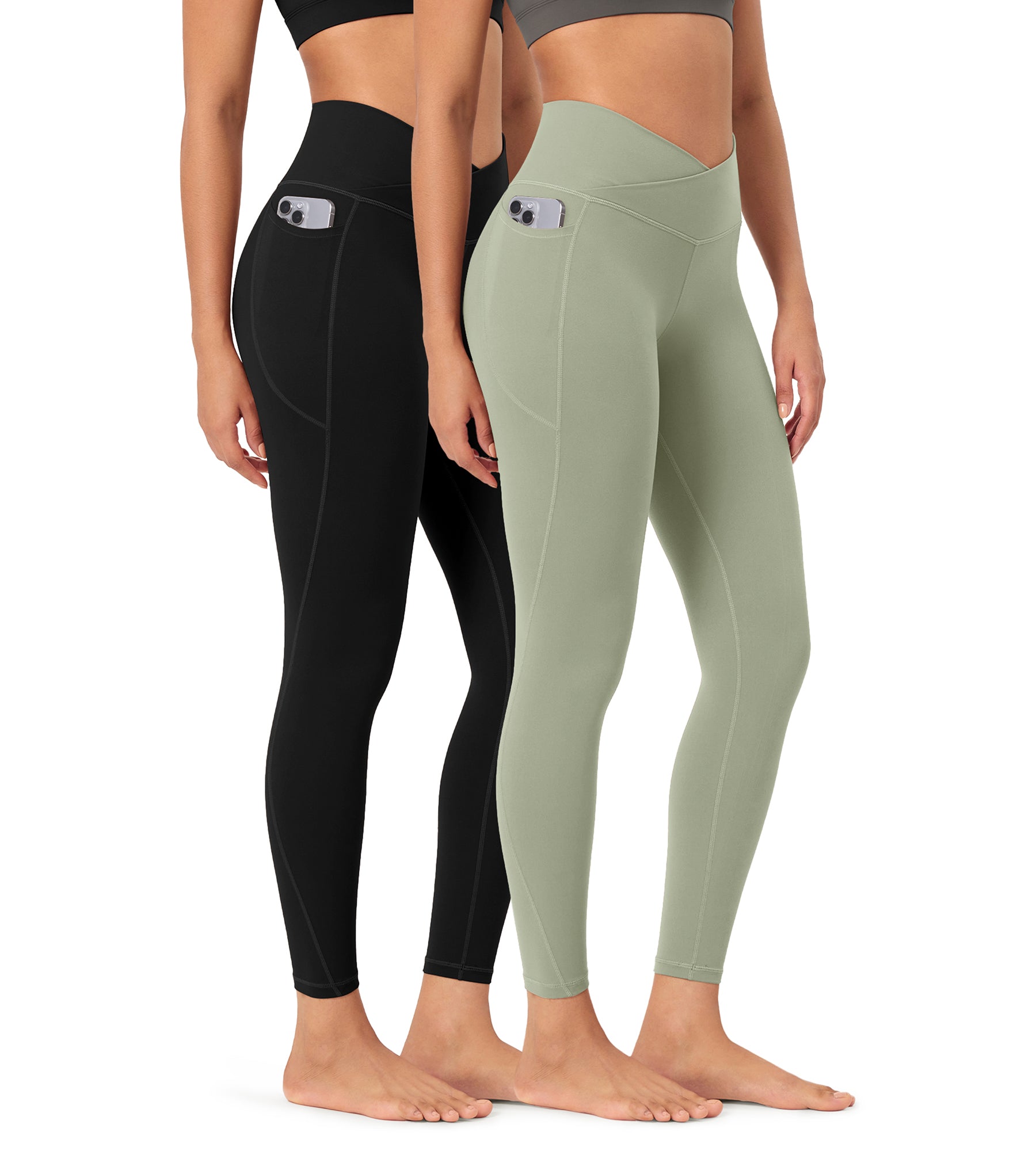 2-Pack 25 ODCLOUD Crossover Lounge Yoga Waist Leggings with Pockets Black+lime Stone - ododos