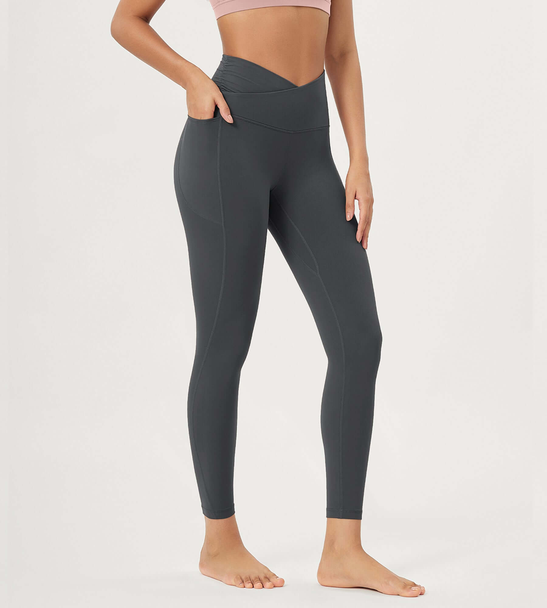 25 / 28 Gathered Crossover Lounge Yoga Leggings with Pockets 25 Inseam Charcoal - ododos