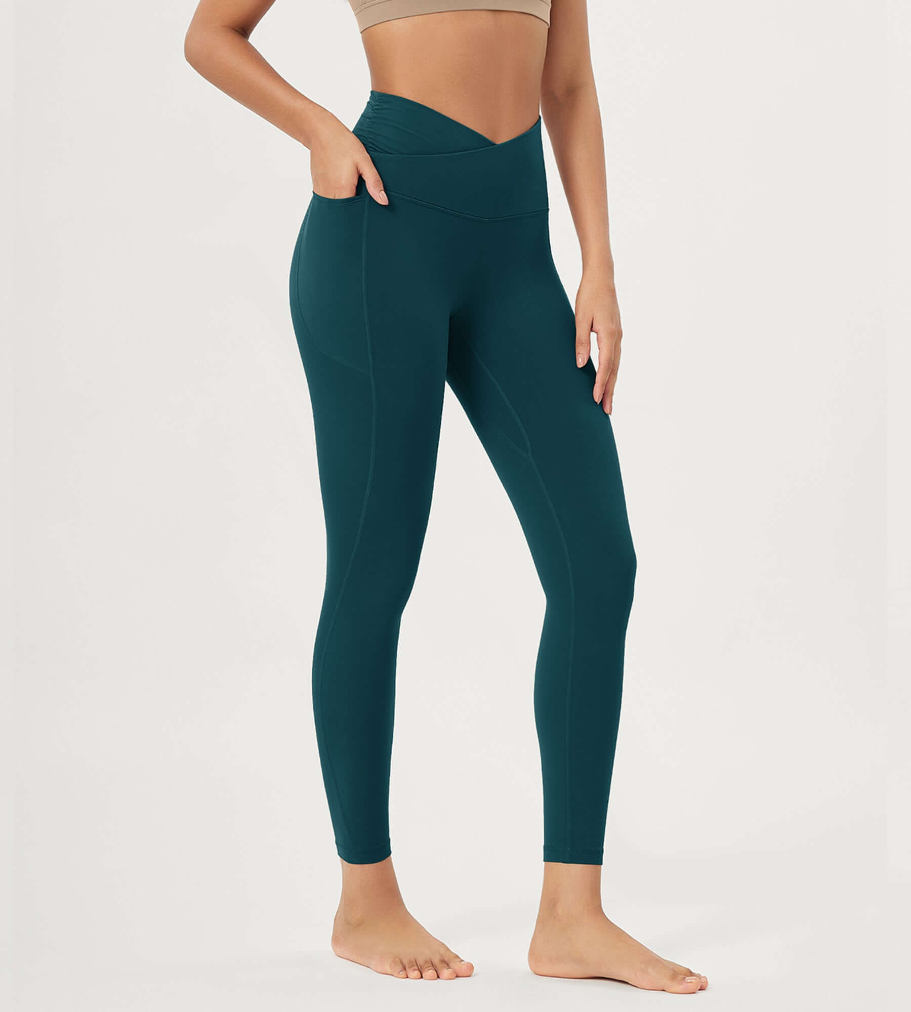 25" / 28" Gathered Crossover Lounge Yoga Leggings with Pockets 25" Inseam Forest Teal - ododos