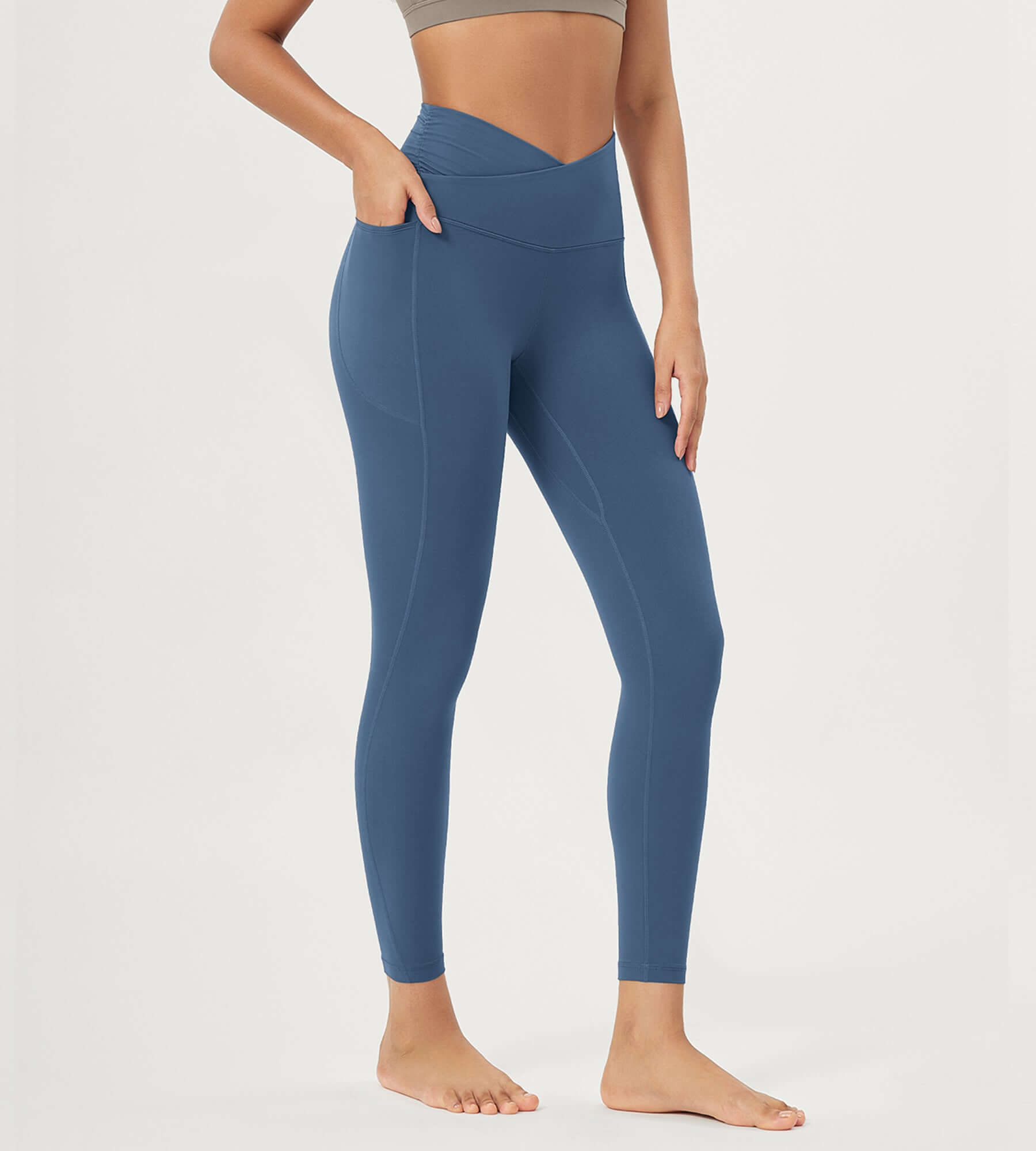 25" / 28" Gathered Crossover Lounge Yoga Leggings with Pockets 25" Inseam Ink Blue - ododos