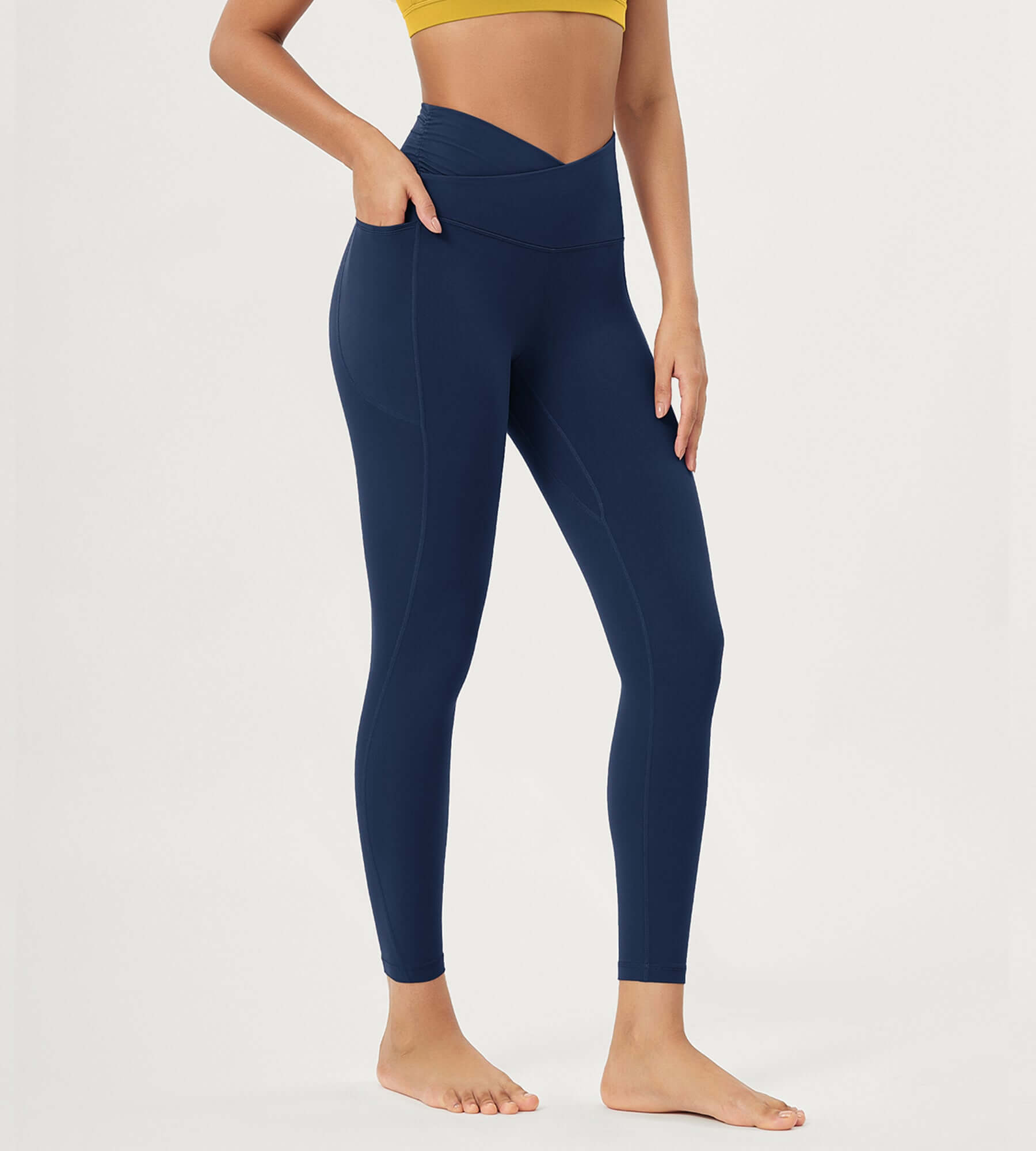 25" / 28" Gathered Crossover Lounge Yoga Leggings with Pockets 25" Inseam Navy - ododos