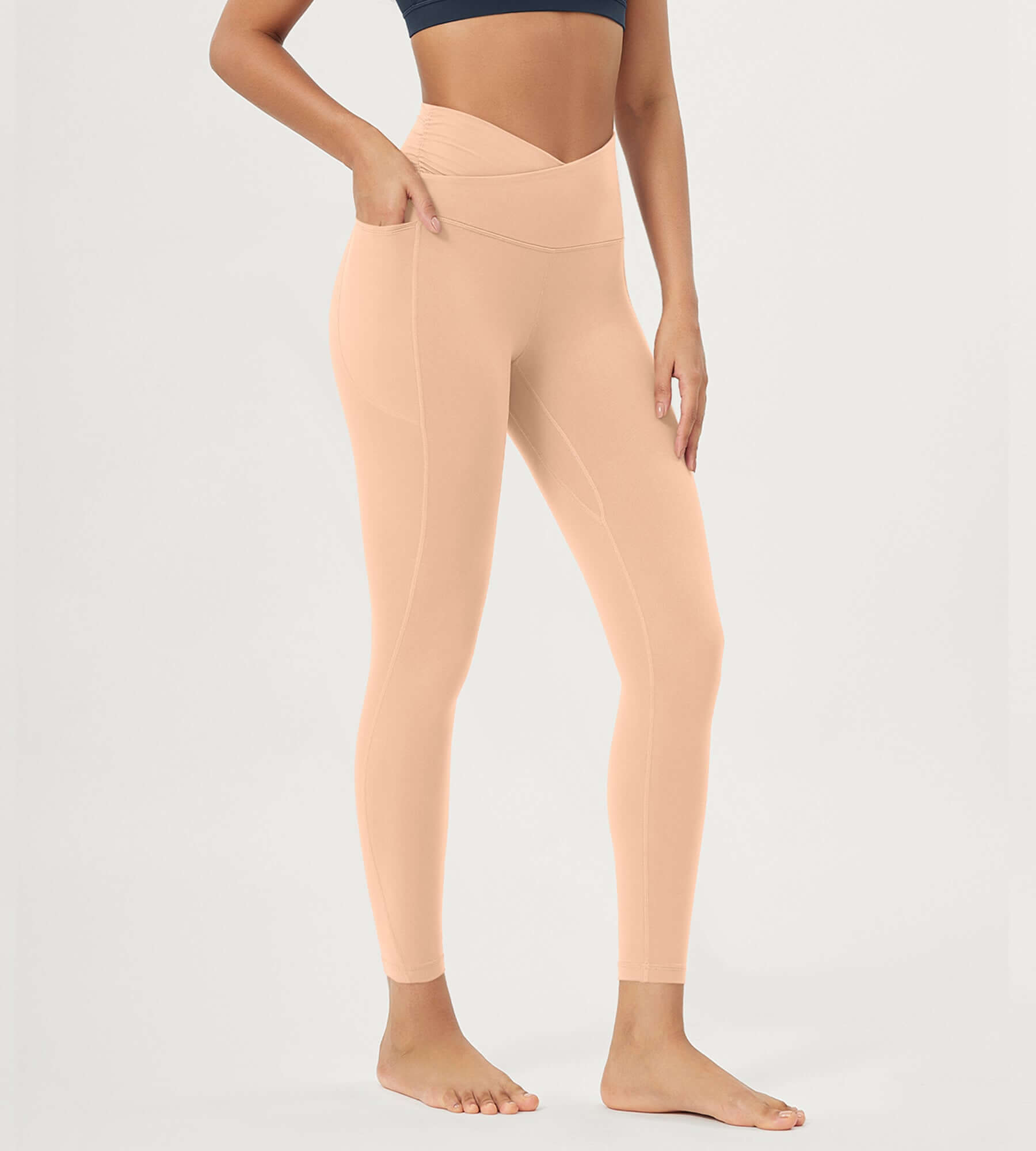 25" / 28" Gathered Crossover Lounge Yoga Leggings with Pockets 25" Inseam Peach - ododos