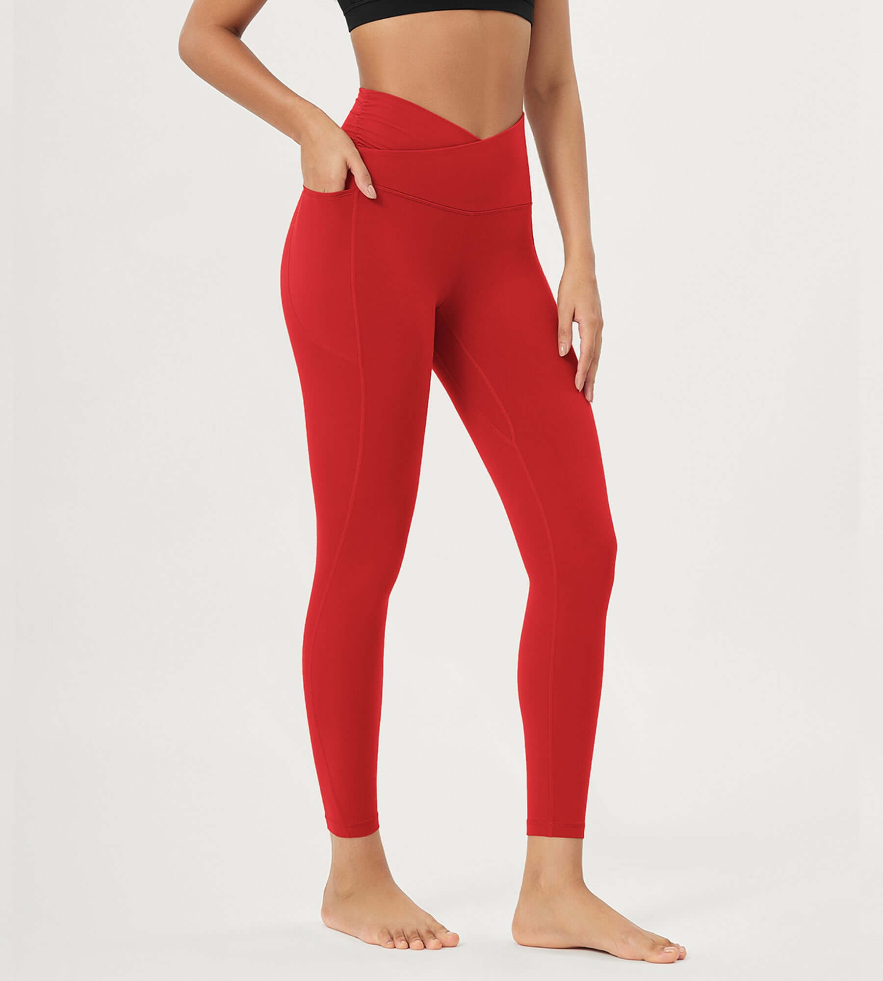 25 / 28 Gathered Crossover Lounge Yoga Leggings with Pockets 25 Inseam Red - ododos