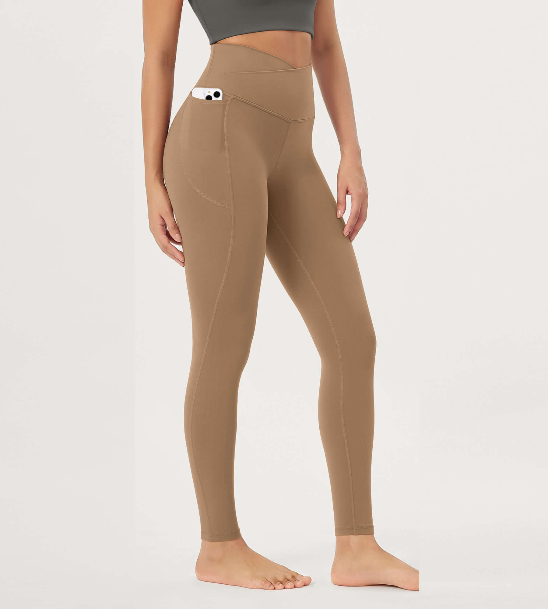 25"/28" Crossover 7/8 V High Wasit Lounge Leggings with Pockets 28" Inseam Light Brown - ododos