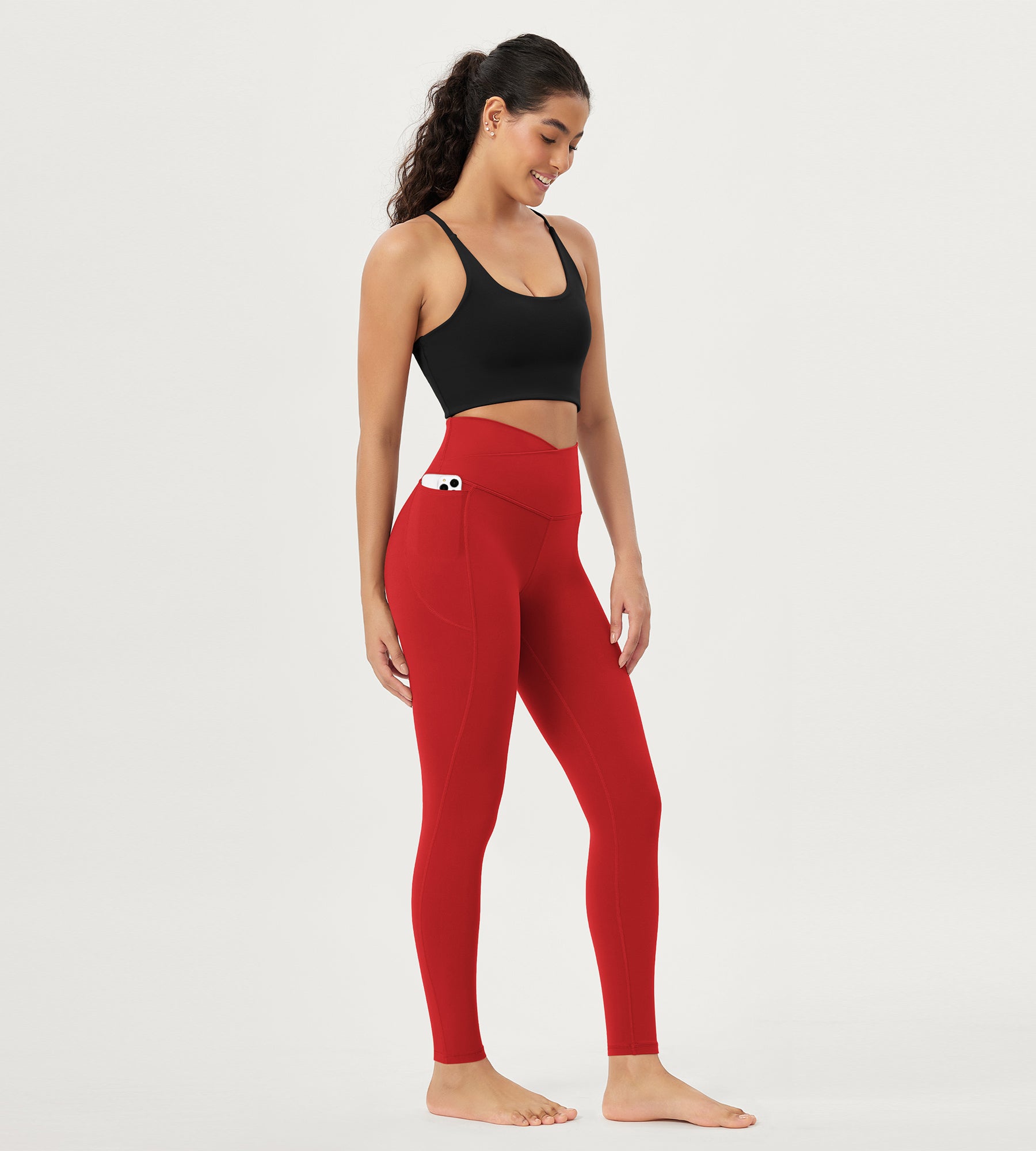 28 Crossover V High Wasit Lounge Leggings with Pockets Red - ododos
