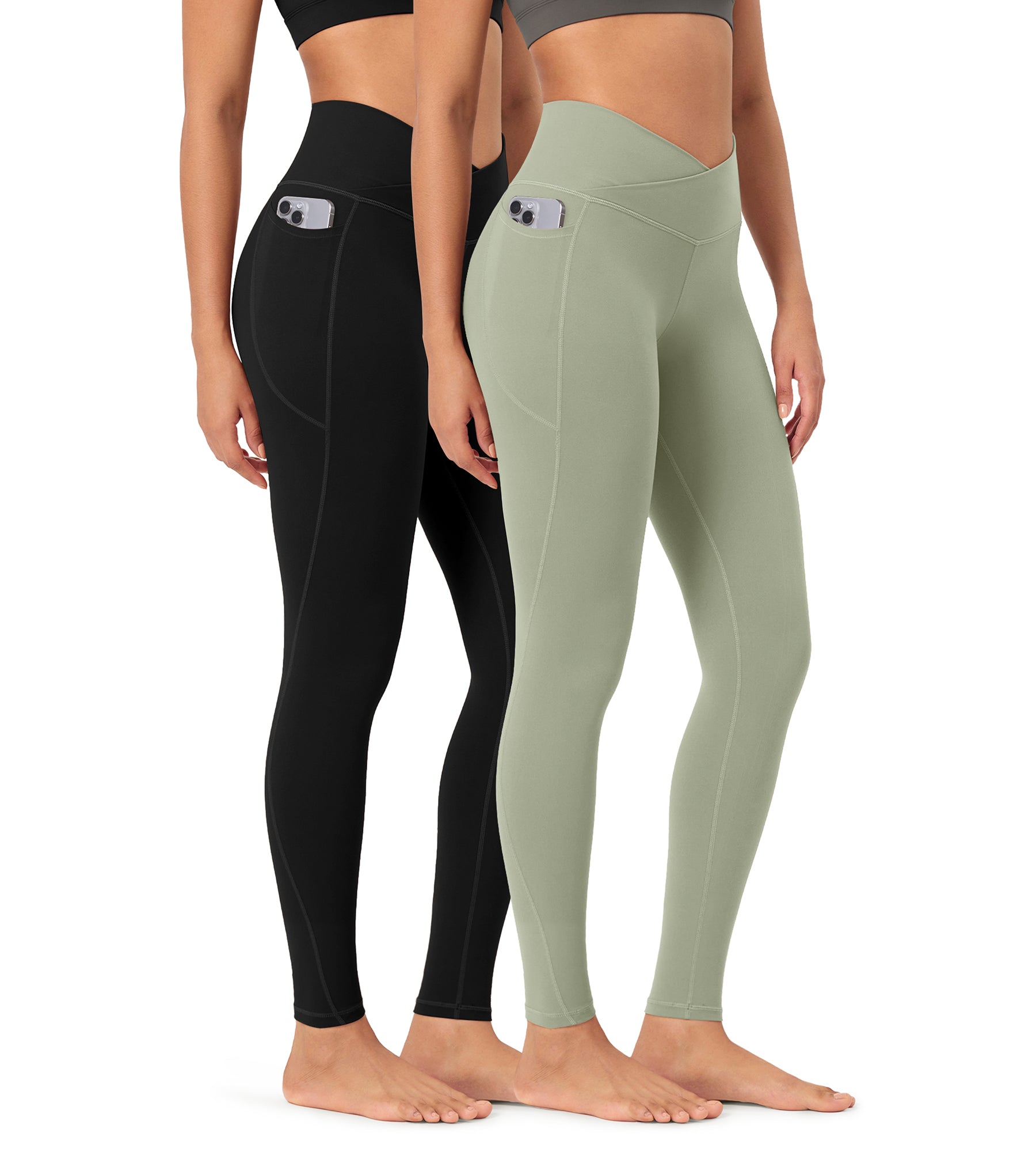 2-Pack 28" ODCLOUD Crossover Lounge Yoga Waist Leggings with Pockets Black+lime Stone - ododos