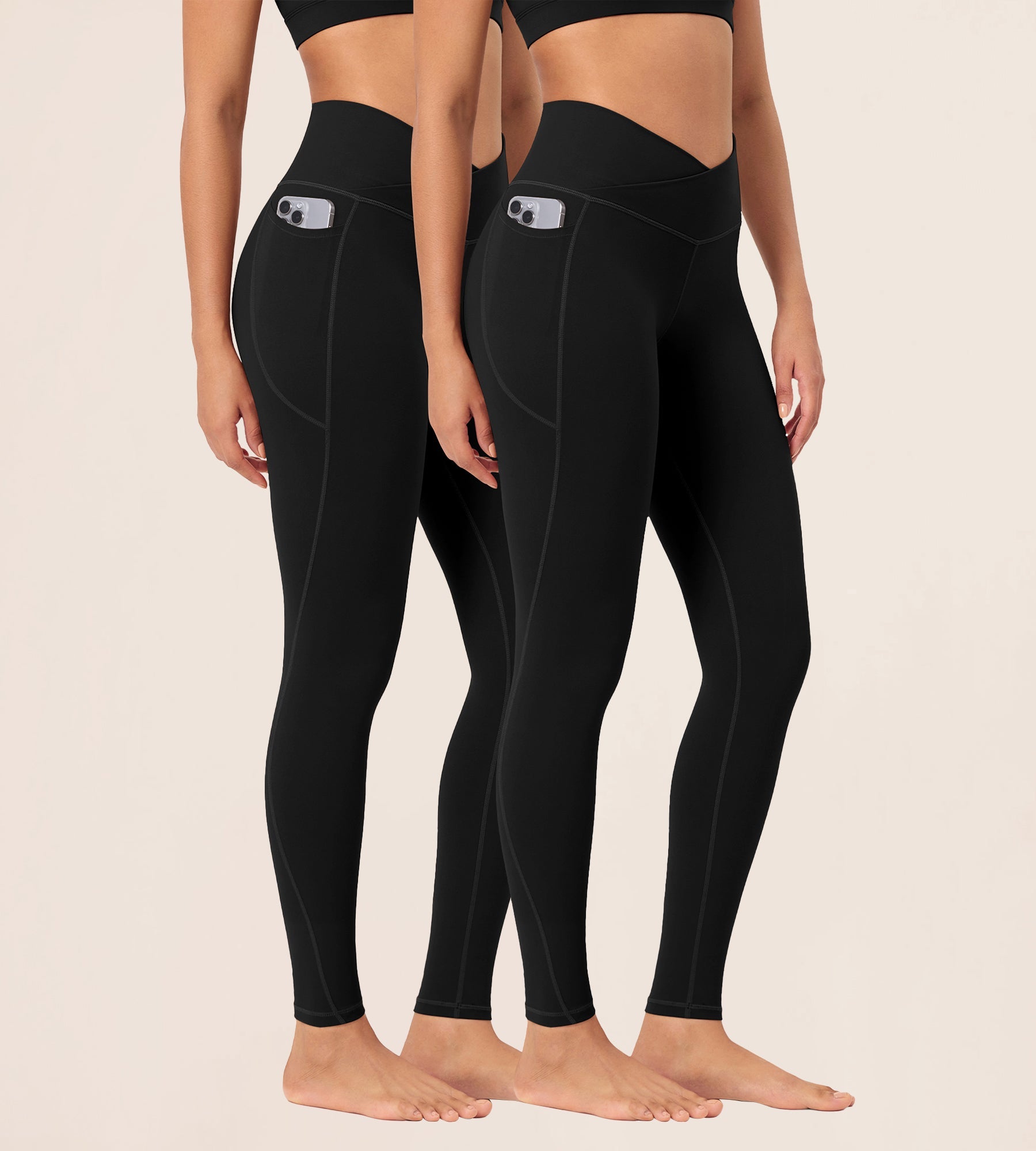 2-Pack 28 ODCLOUD Crossover Lounge Yoga Waist Leggings with Pockets Black+Black - ododos