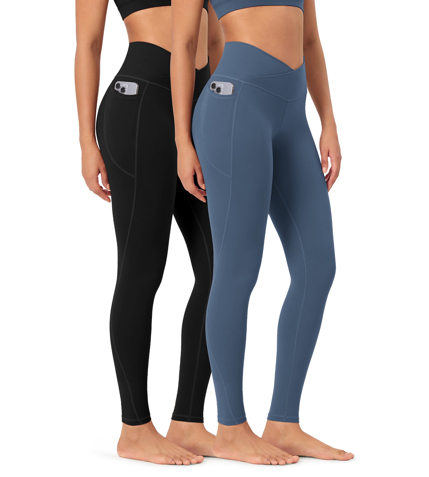 2-Pack 28" ODCLOUD Crossover Lounge Yoga Waist Leggings with Pockets Black+Ink Blue - ododos