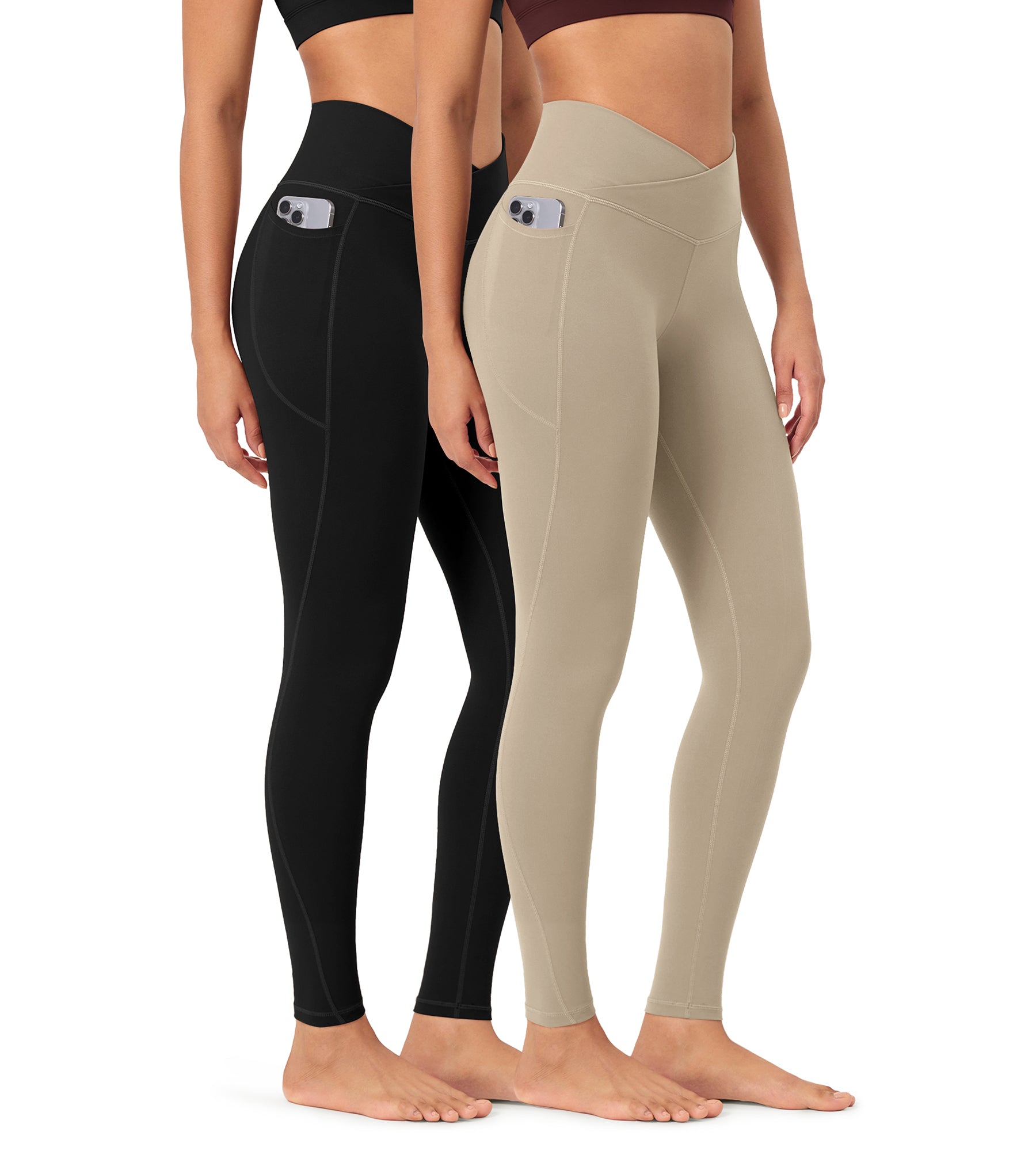 2-Pack 28 ODCLOUD Crossover Lounge Yoga Waist Leggings with Pockets Black+shaker Beige - ododos
