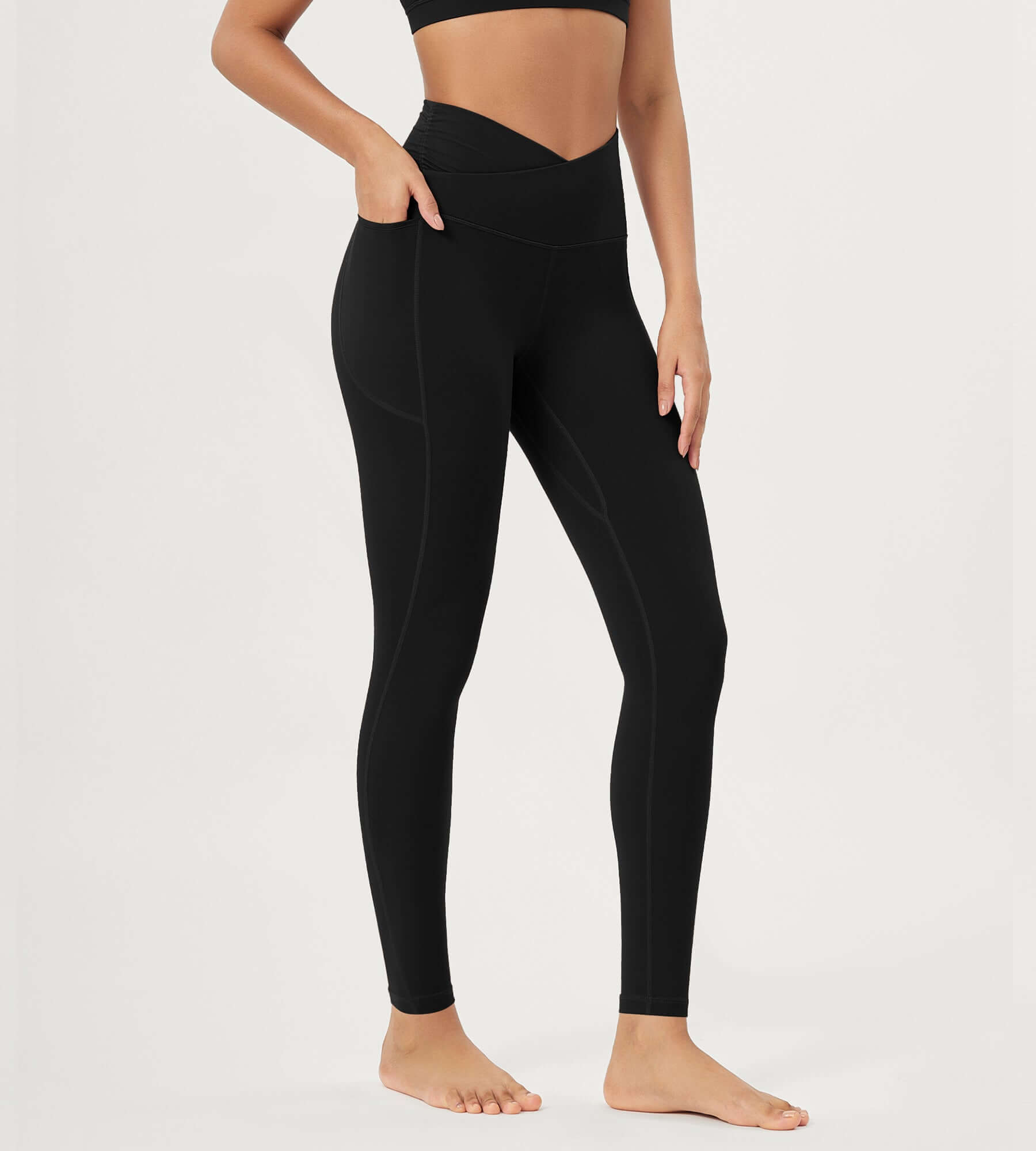 25 / 28 Gathered Crossover Lounge Yoga Leggings with Pockets 28 Inseam Black - ododos
