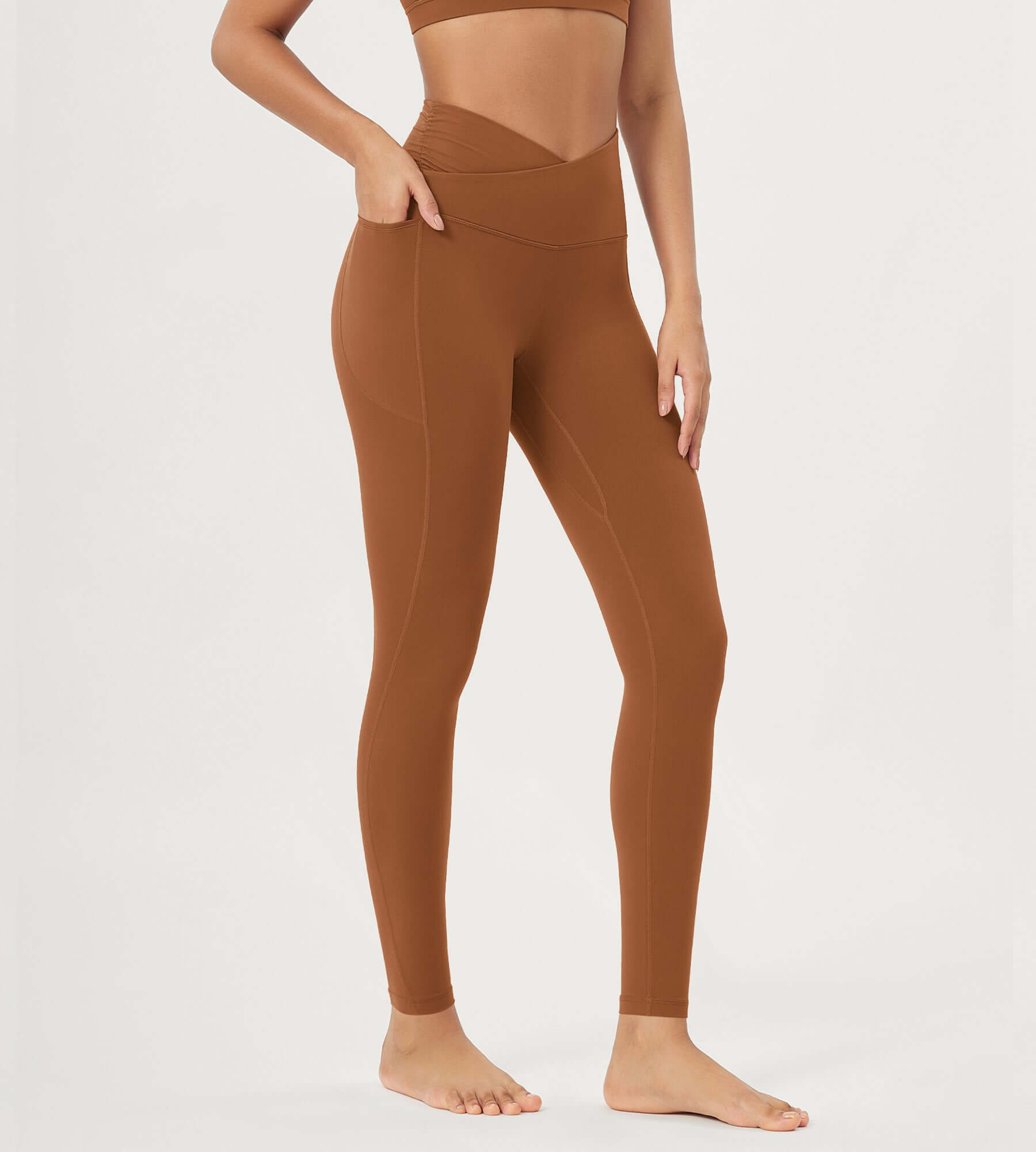 25" / 28" Gathered Crossover Lounge Yoga Leggings with Pockets 28" Inseam Caramel - ododos