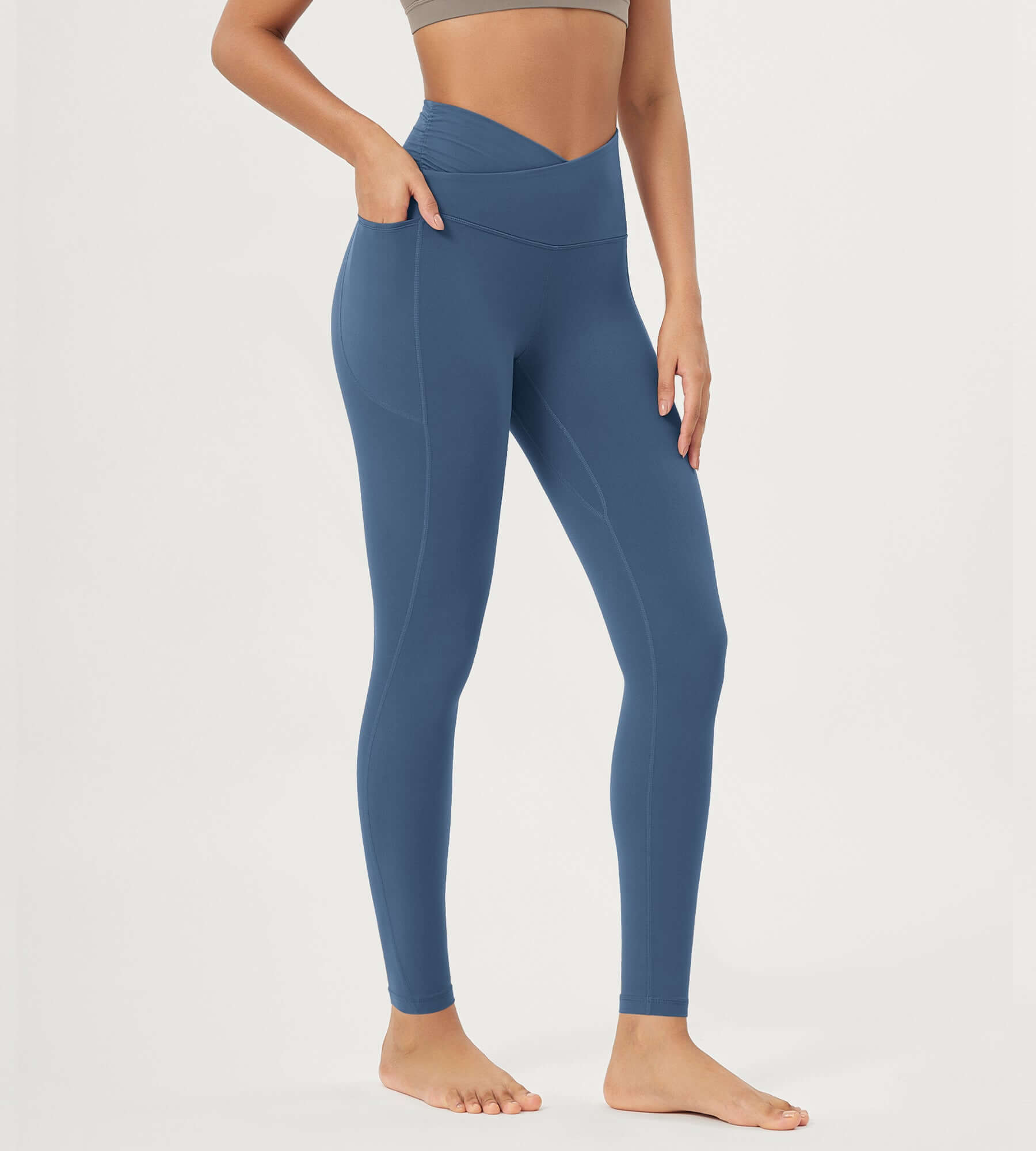 25" / 28" Gathered Crossover Lounge Yoga Leggings with Pockets 28" Inseam Ink Blue - ododos