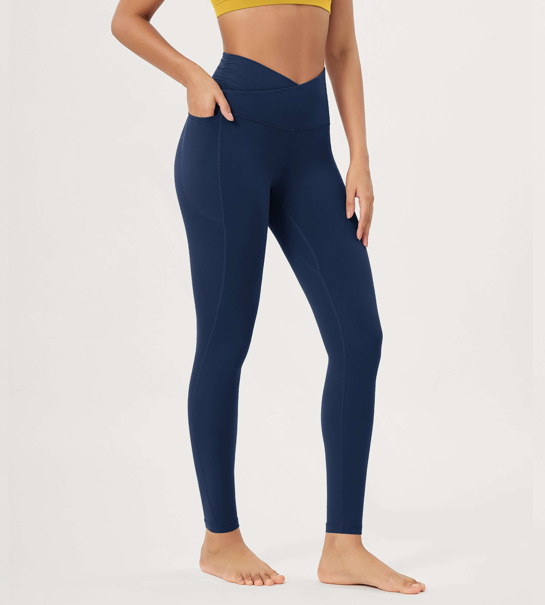 25" / 28" Gathered Crossover Lounge Yoga Leggings with Pockets 28" Inseam Navy - ododos