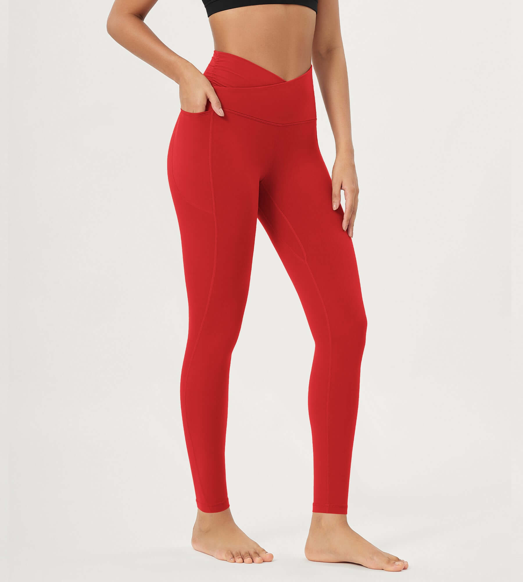 25" / 28" Gathered Crossover Lounge Yoga Leggings with Pockets 28" Inseam Red - ododos