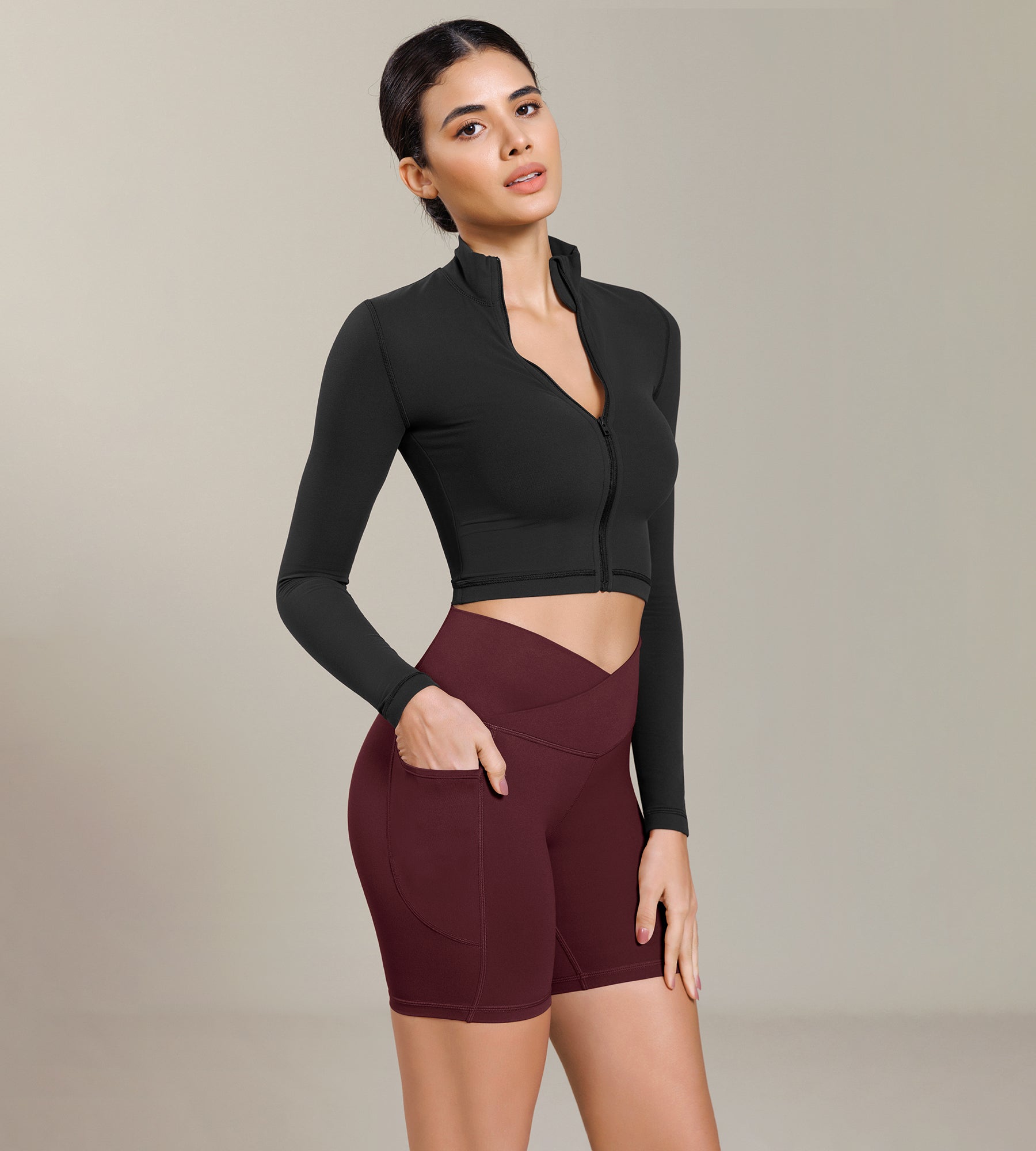 Cloud Feeling Cross Waist Yoga Shorts with Pockets Burgundy - ododos