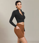 Cloud Feeling Cross Waist Yoga Shorts with Pockets Caramel - ododos