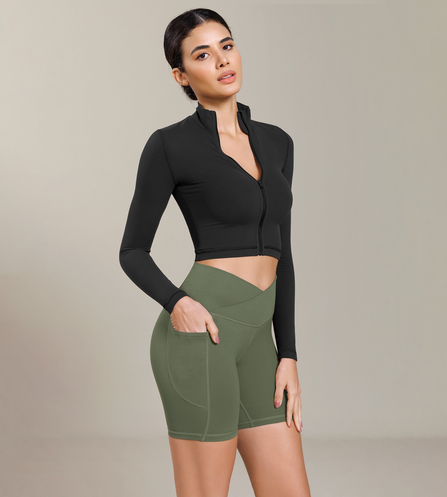 Cloud Feeling Cross Waist Yoga Shorts with Pockets Dark Olive - ododos