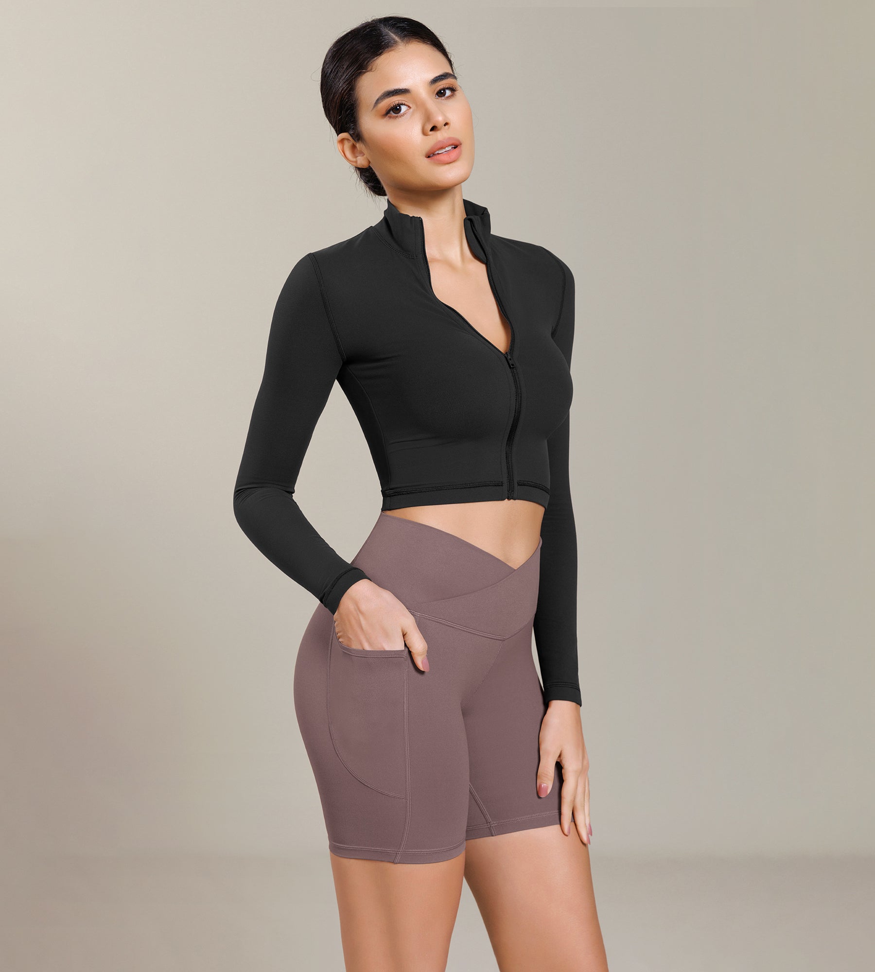 Cloud Feeling Cross Waist Yoga Shorts with Pockets Purple Taupe - ododos