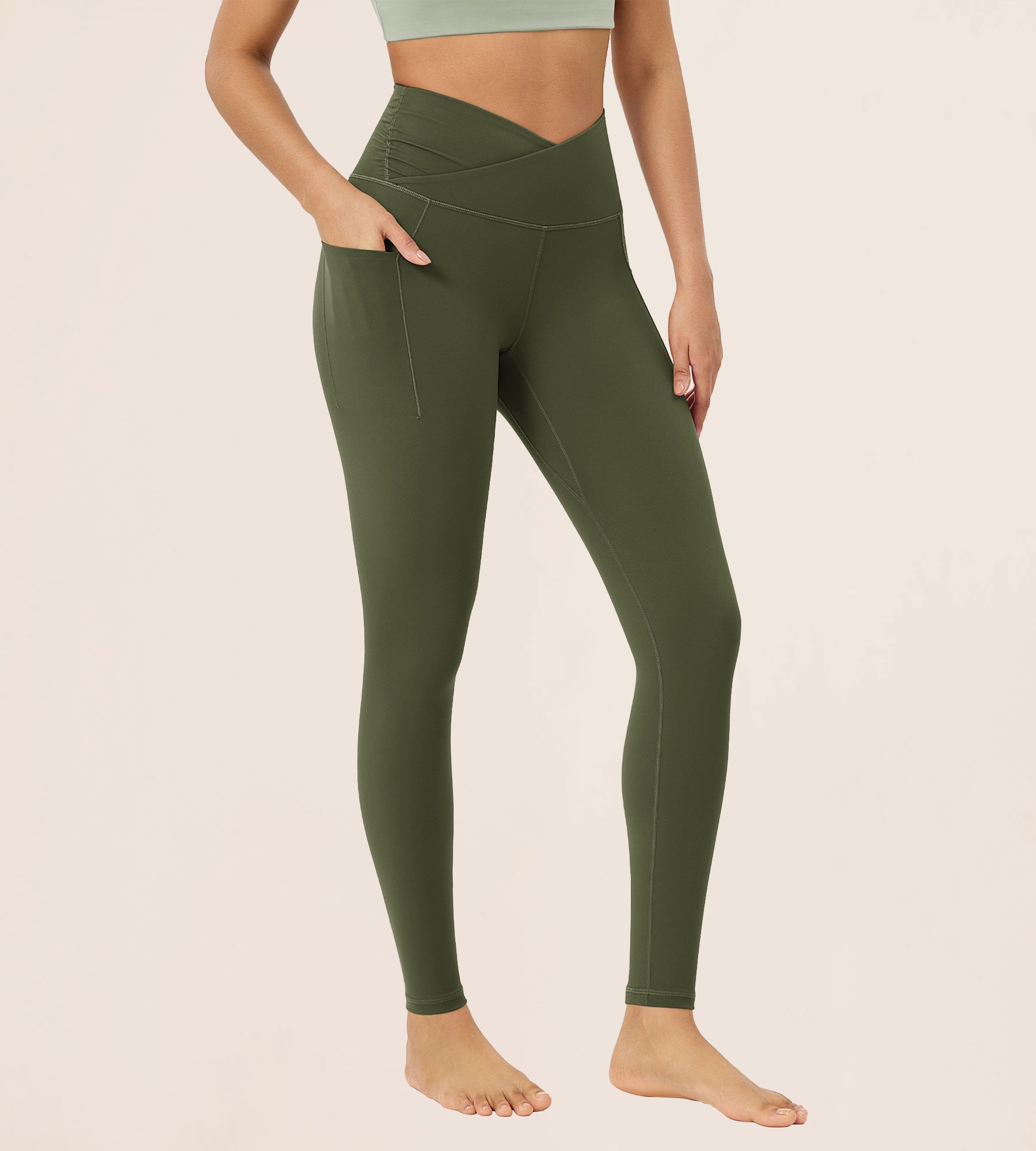 28" Gathered Crossover Workout Waist Yoga Leggings with Pockets Dark Olive - ododos