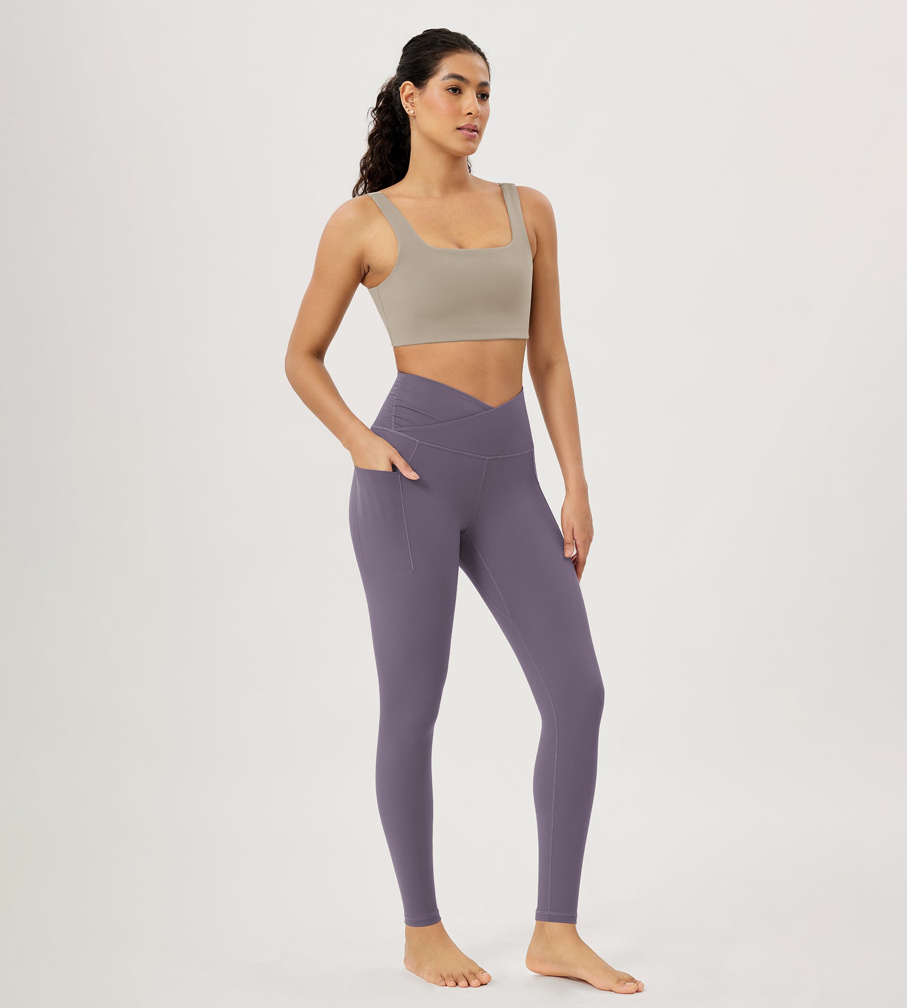 28" Gathered Crossover Workout Waist Yoga Leggings with Pockets - ododos