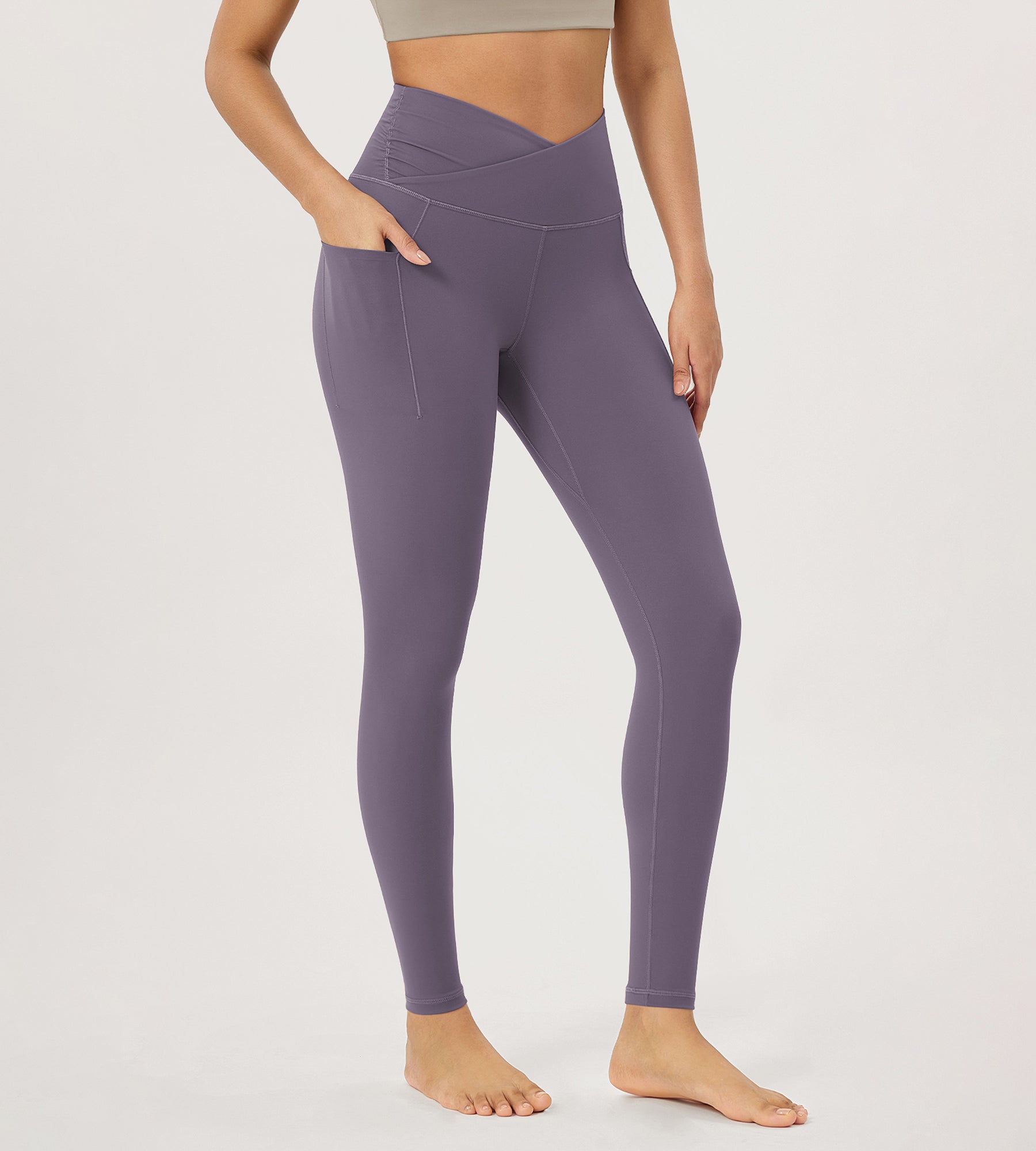 28" Gathered Crossover Workout Waist Yoga Leggings with Pockets Ash Violet - ododos