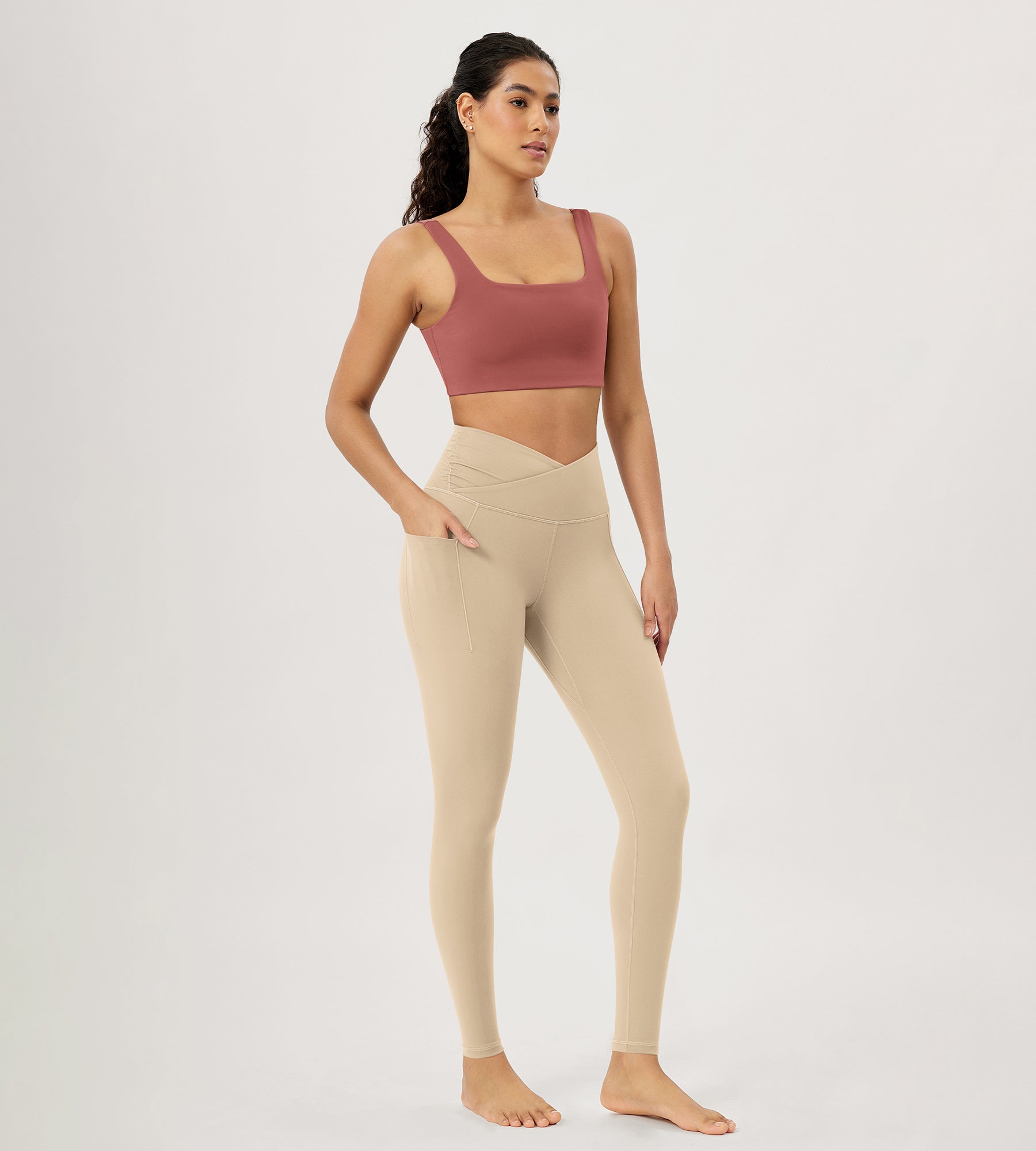 28" Gathered Crossover Workout Waist Yoga Leggings with Pockets - ododos