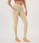 28" Gathered Crossover Workout Waist Yoga Leggings with Pockets Beige - ododos