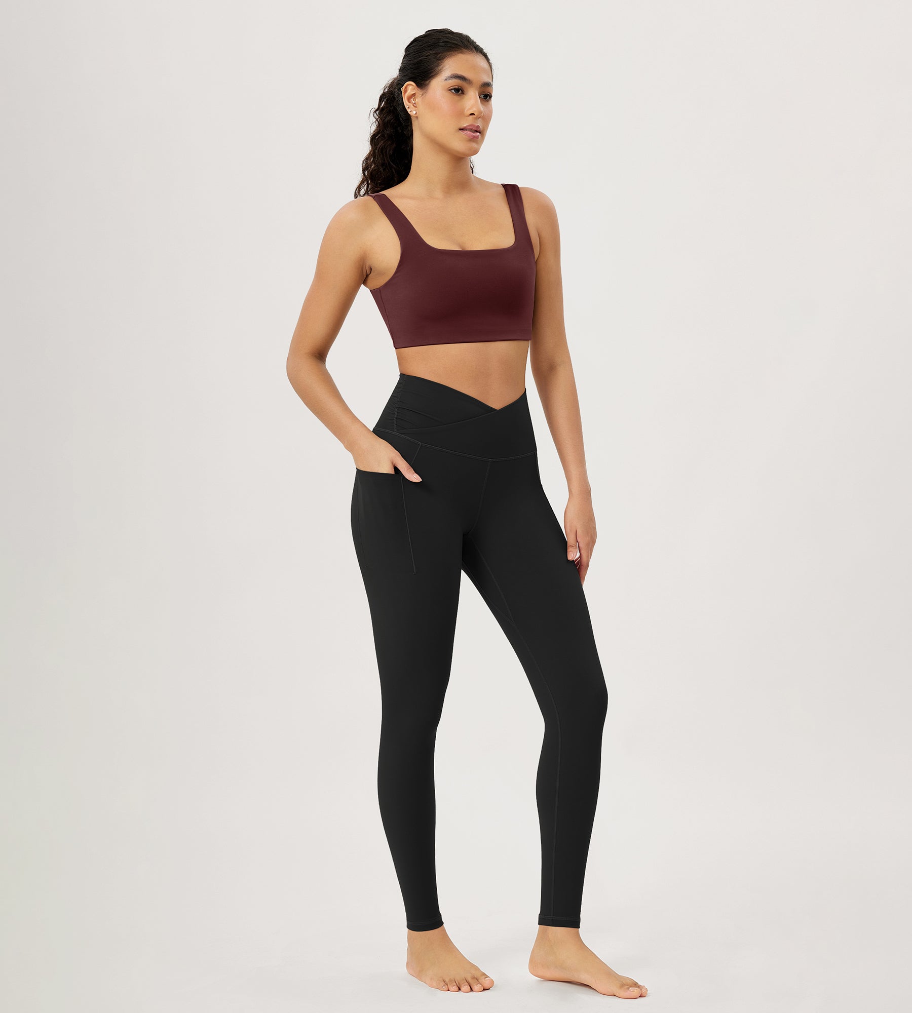 28" Gathered Crossover Workout Waist Yoga Leggings with Pockets - ododos