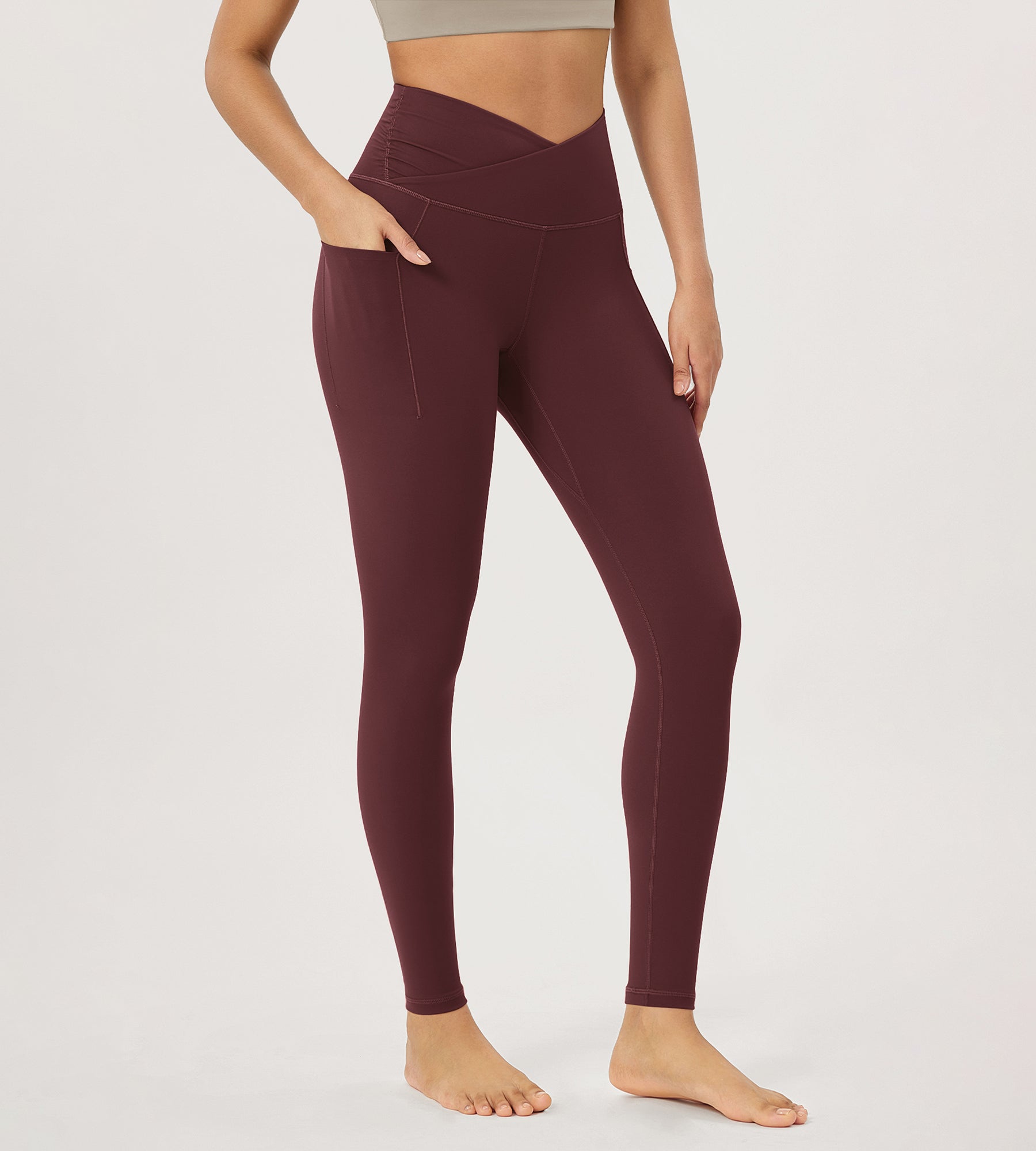 28" Gathered Crossover Workout Waist Yoga Leggings with Pockets Burgundy - ododos