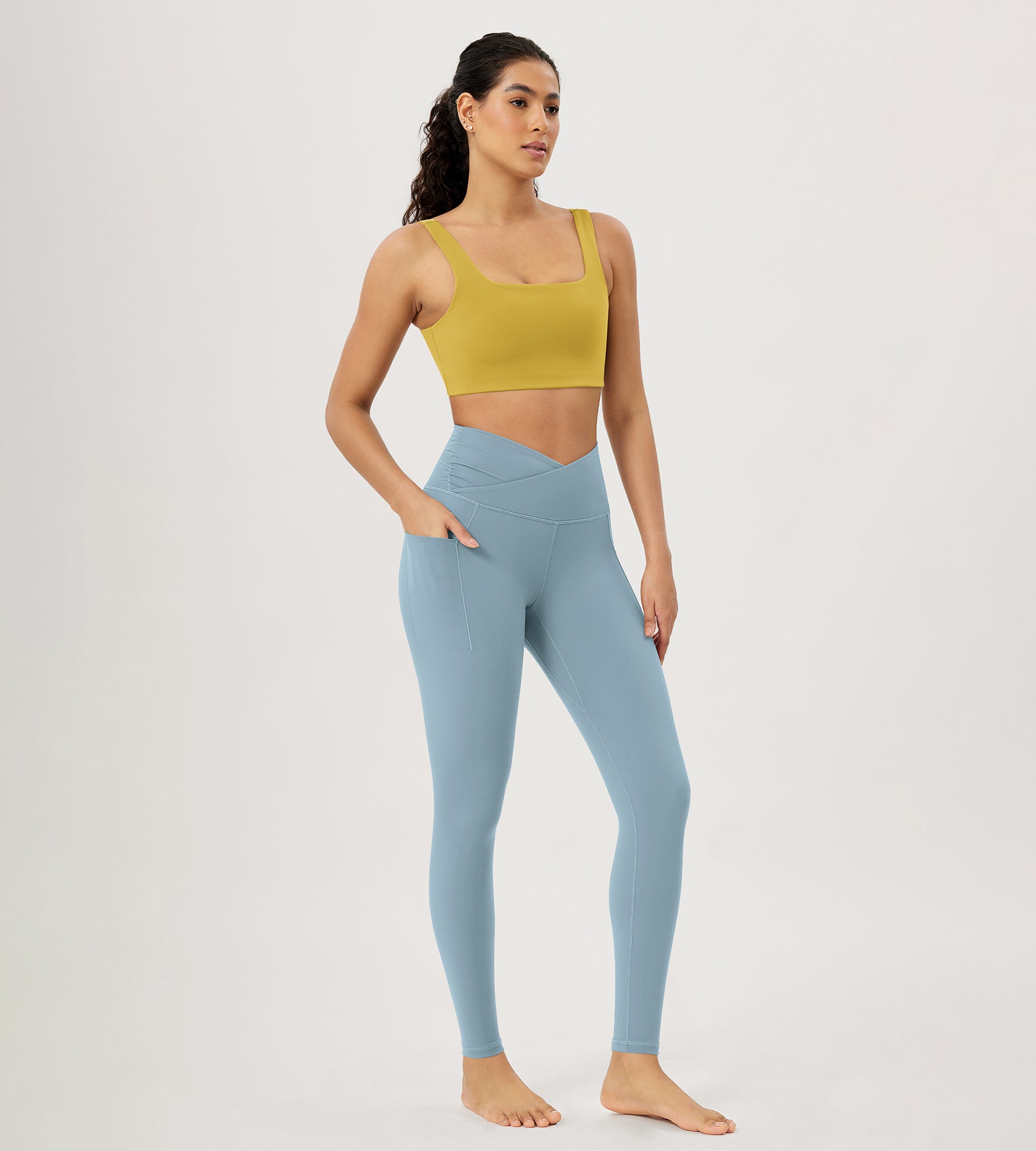 28" Gathered Crossover Workout Waist Yoga Leggings with Pockets - ododos