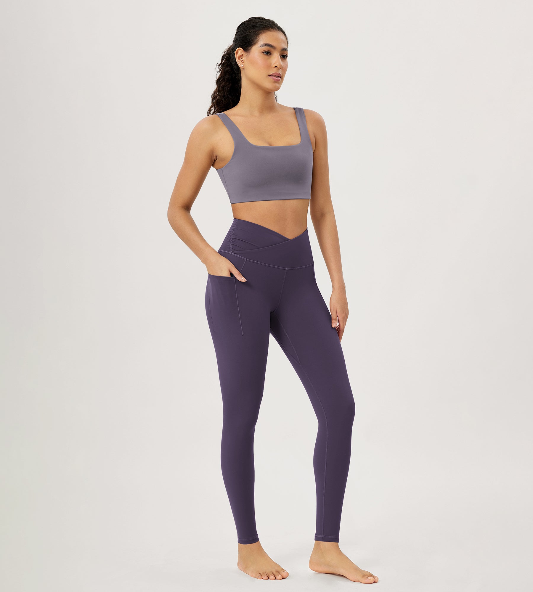 28" Gathered Crossover Workout Waist Yoga Leggings with Pockets - ododos