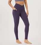 28" Gathered Crossover Workout Waist Yoga Leggings with Pockets Dark Purple - ododos