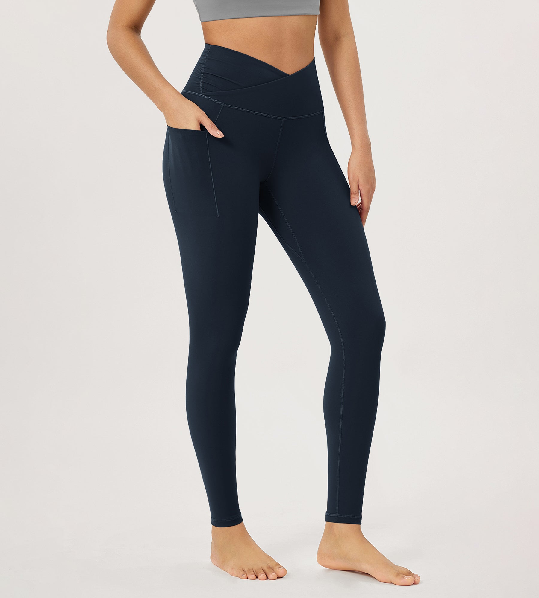 28" Gathered Crossover Workout Waist Yoga Leggings with Pockets Deep Navy - ododos