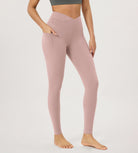 28" Gathered Crossover Workout Waist Yoga Leggings with Pockets Dusty Pink - ododos