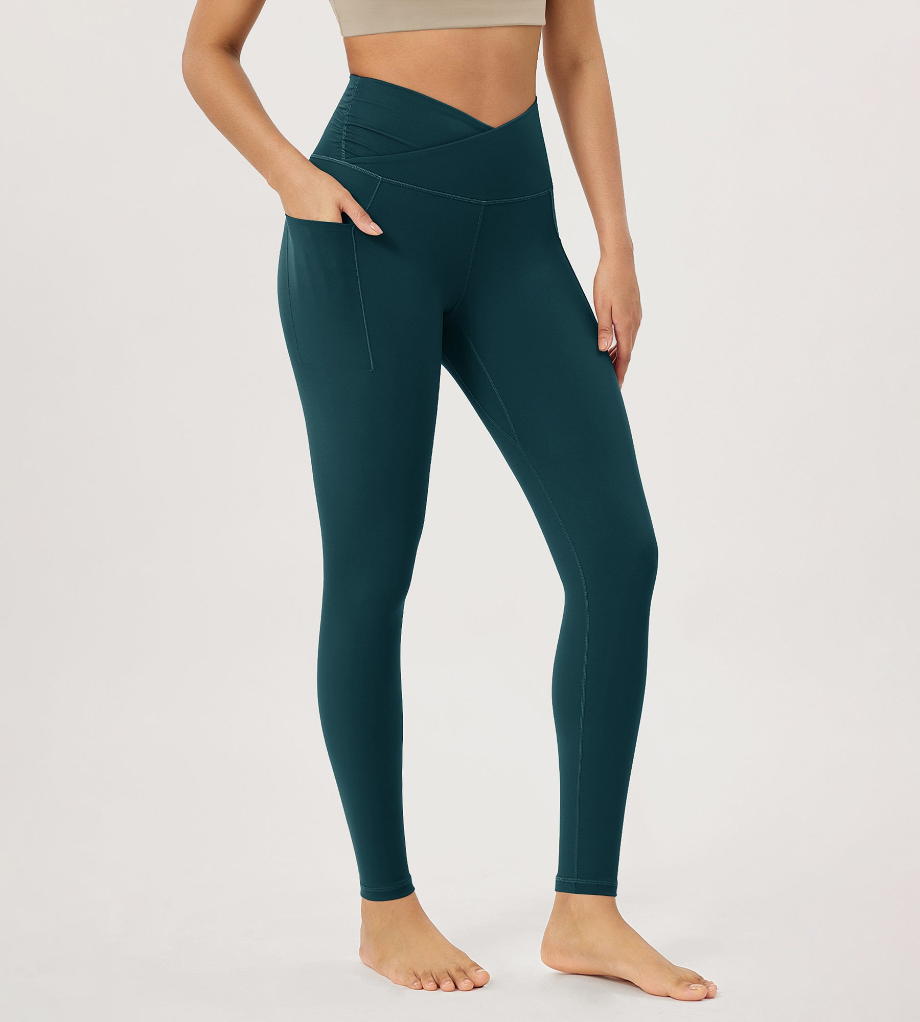 28" Gathered Crossover Workout Waist Yoga Leggings with Pockets Forest Teal - ododos